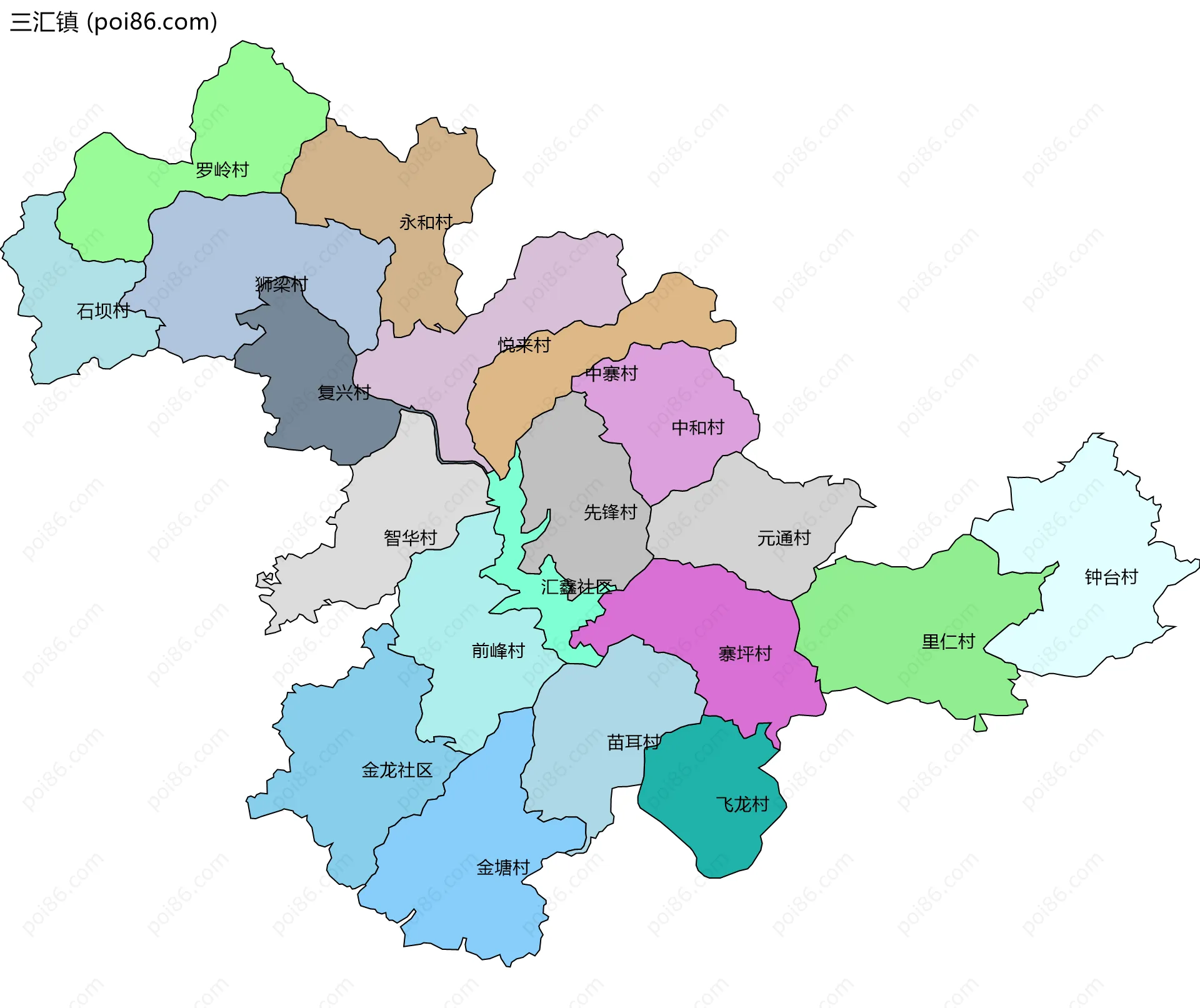 三汇镇边界地图(五级行政区划)