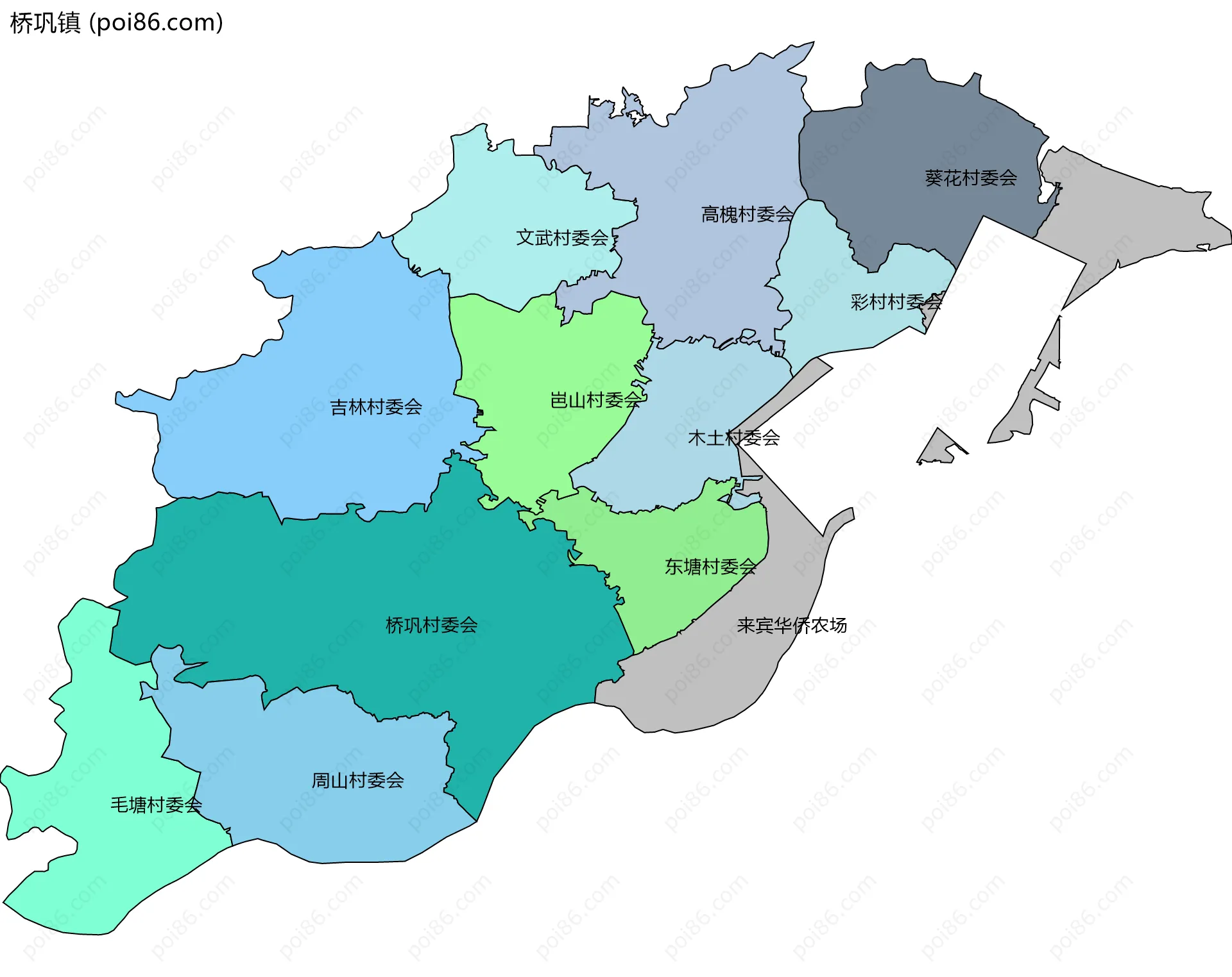 桥巩镇边界地图(五级行政区划)