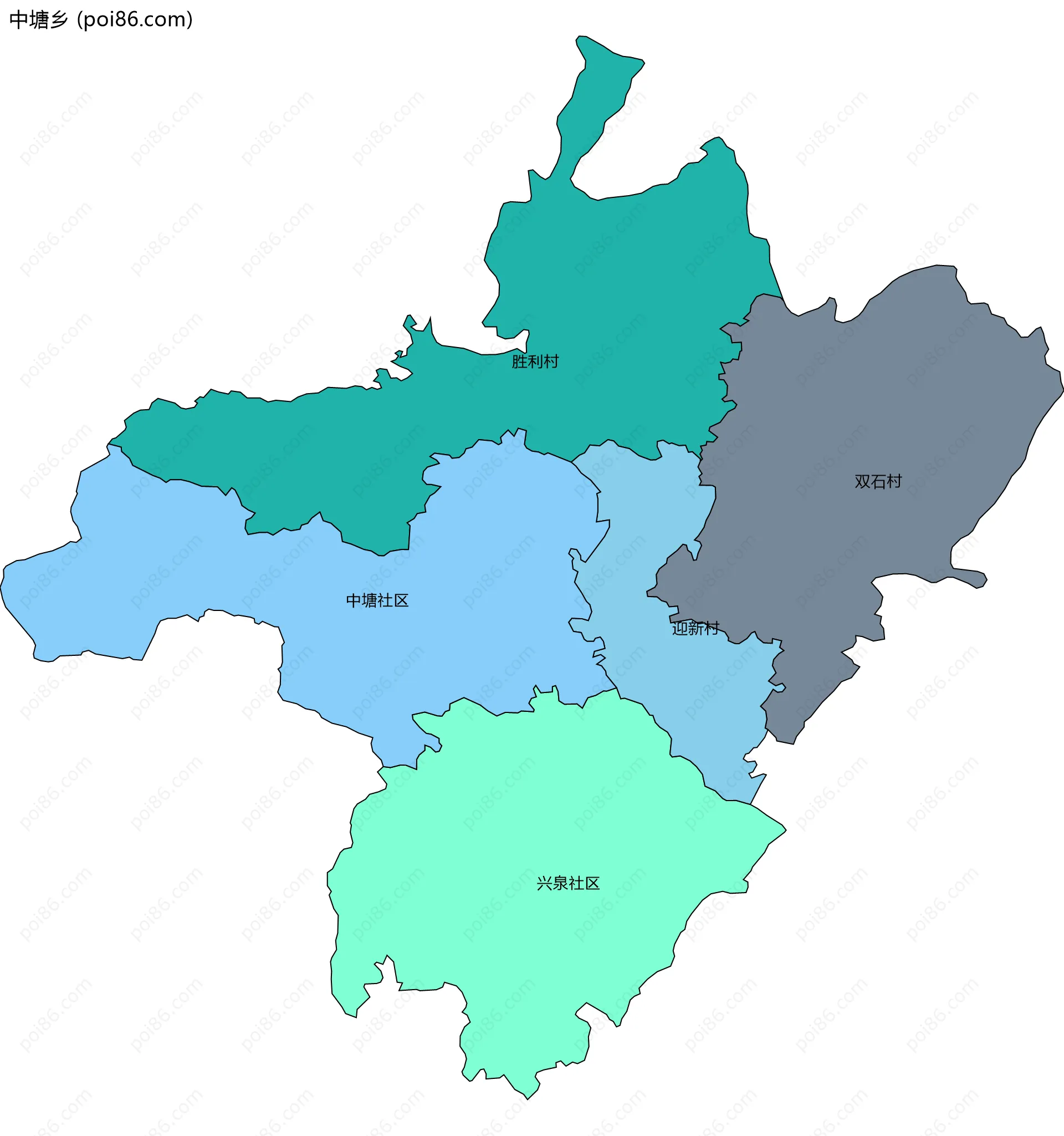 中塘乡边界地图(五级行政区划)