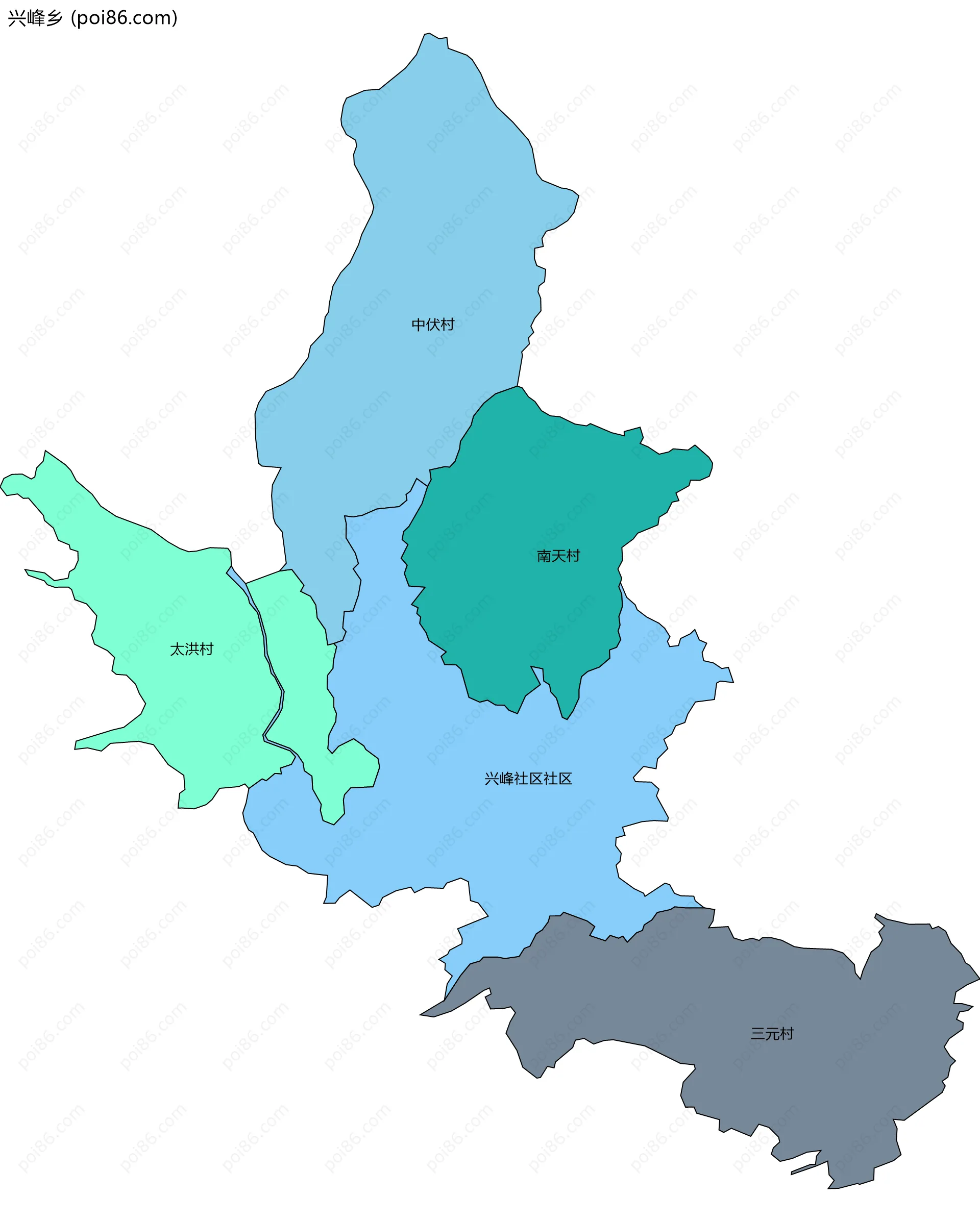 兴峰乡边界地图(五级行政区划)