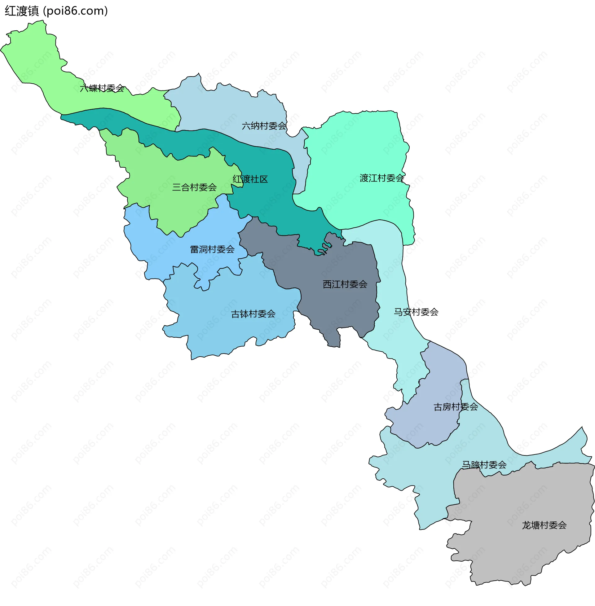红渡镇边界地图(五级行政区划)