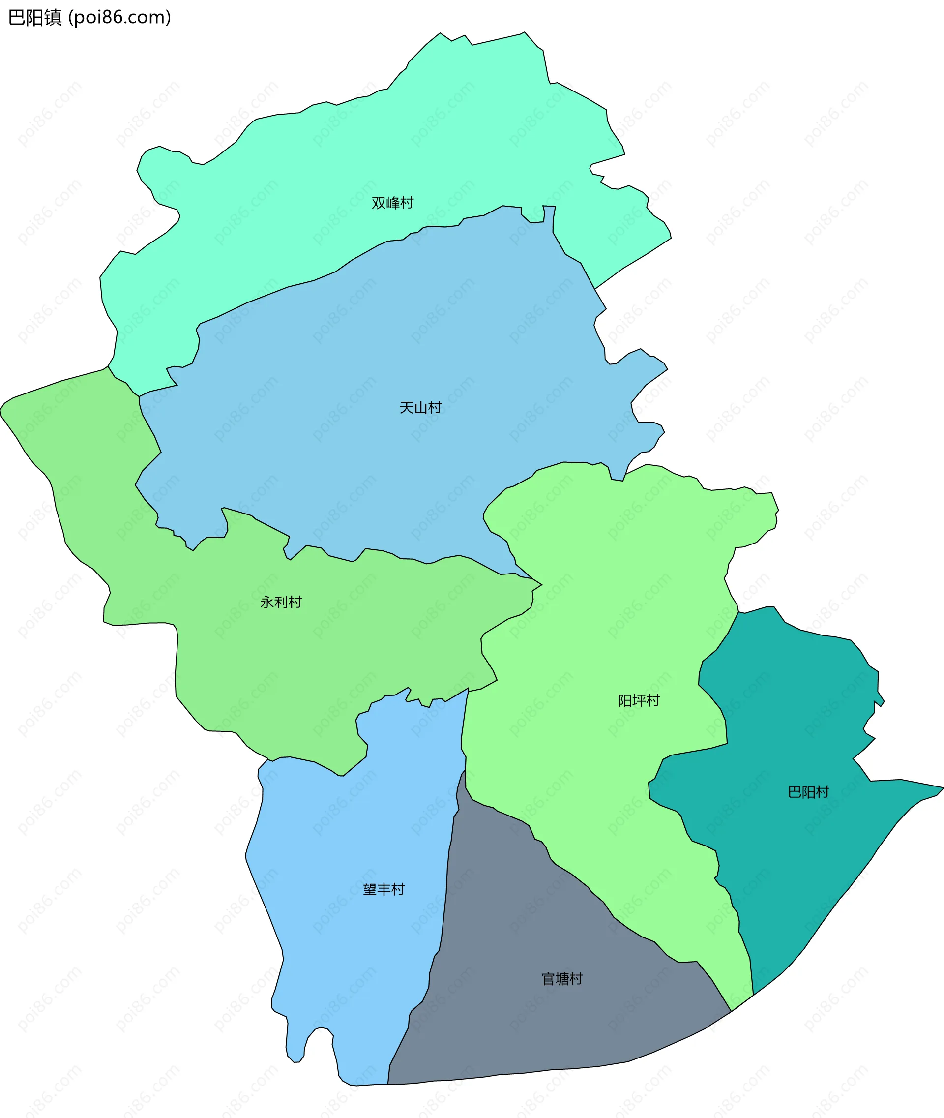 巴阳镇边界地图(五级行政区划)