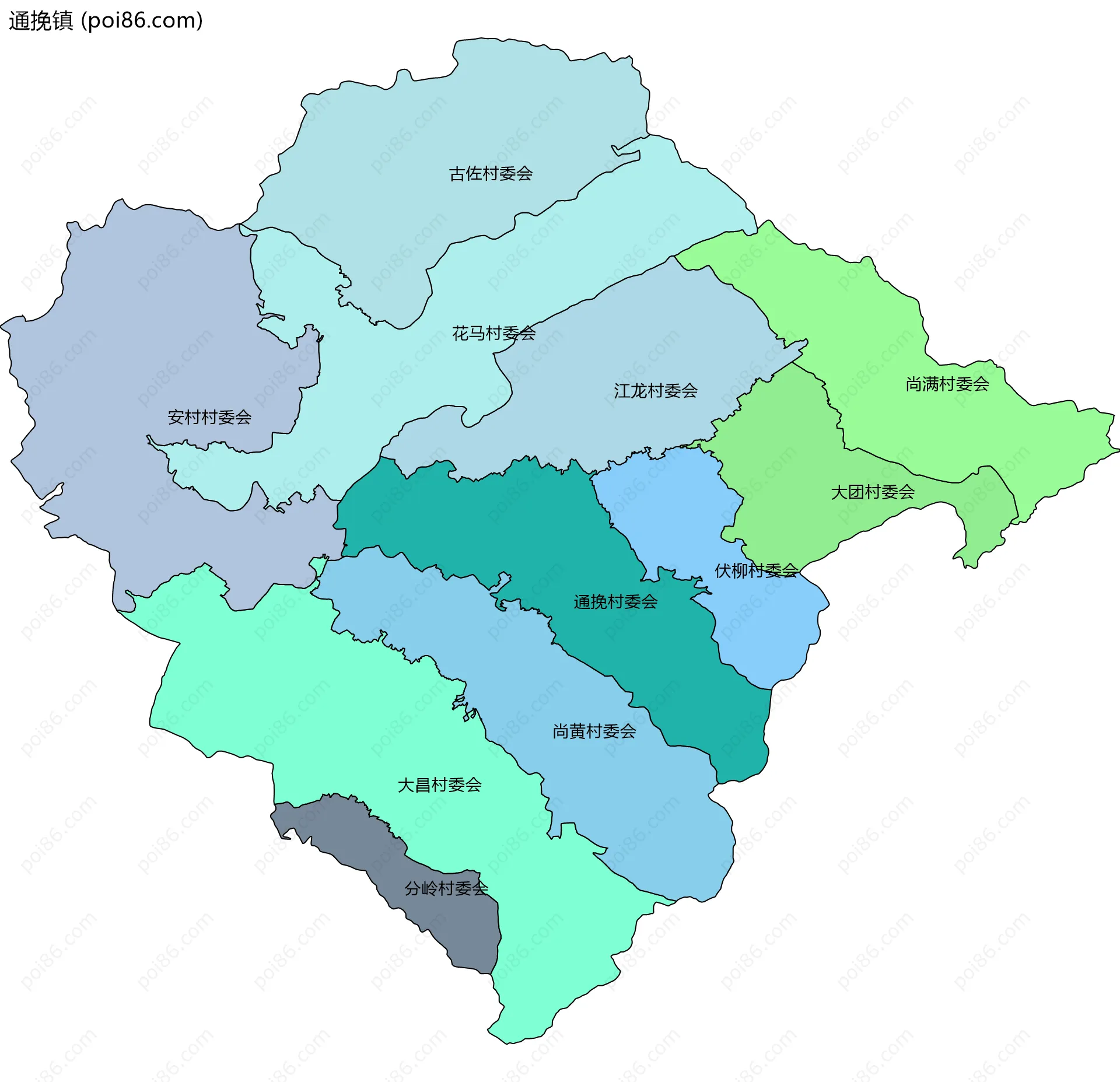通挽镇边界地图(五级行政区划)