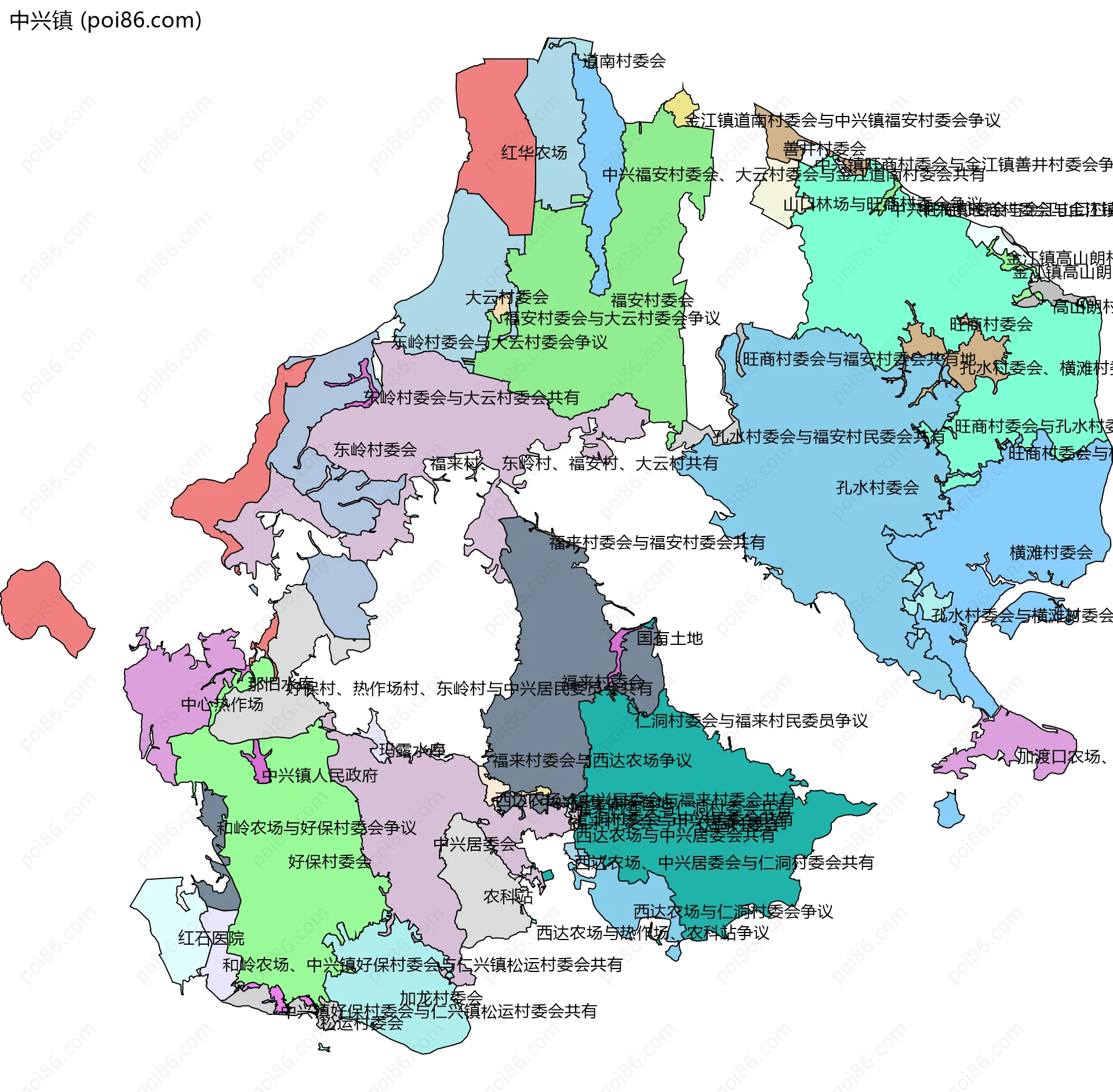 中兴镇边界地图(五级行政区划)
