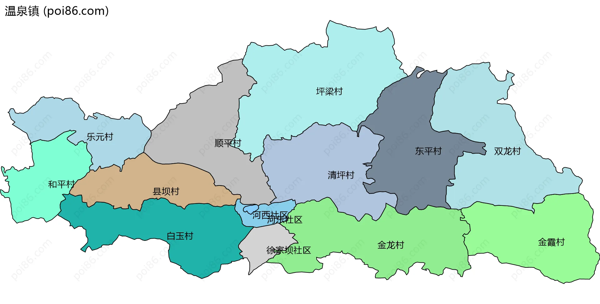 温泉镇边界地图(五级行政区划)