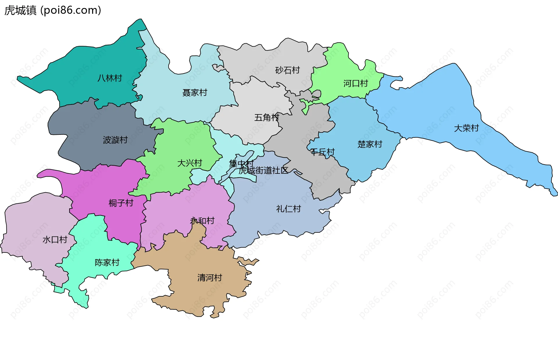 虎城镇边界地图(五级行政区划)