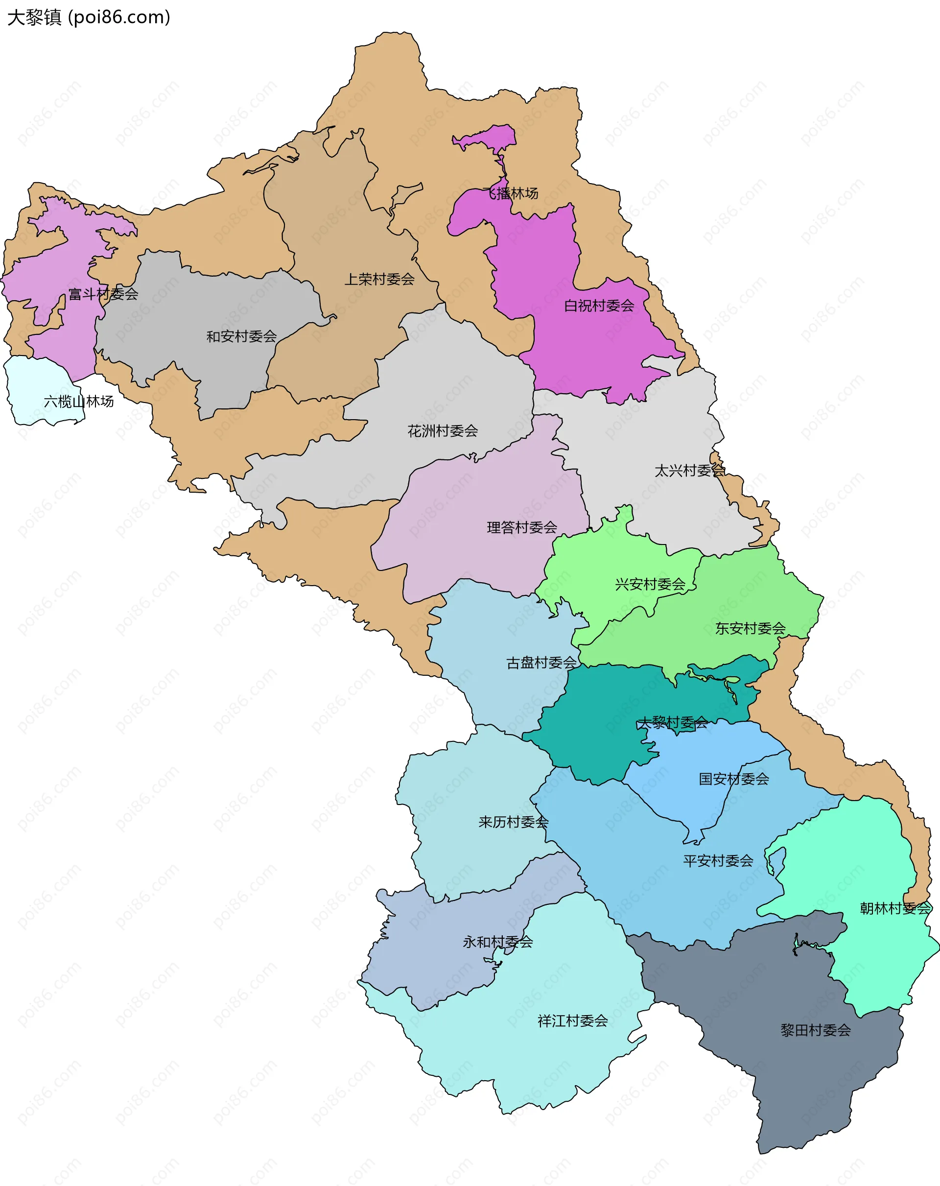 大黎镇边界地图(五级行政区划)