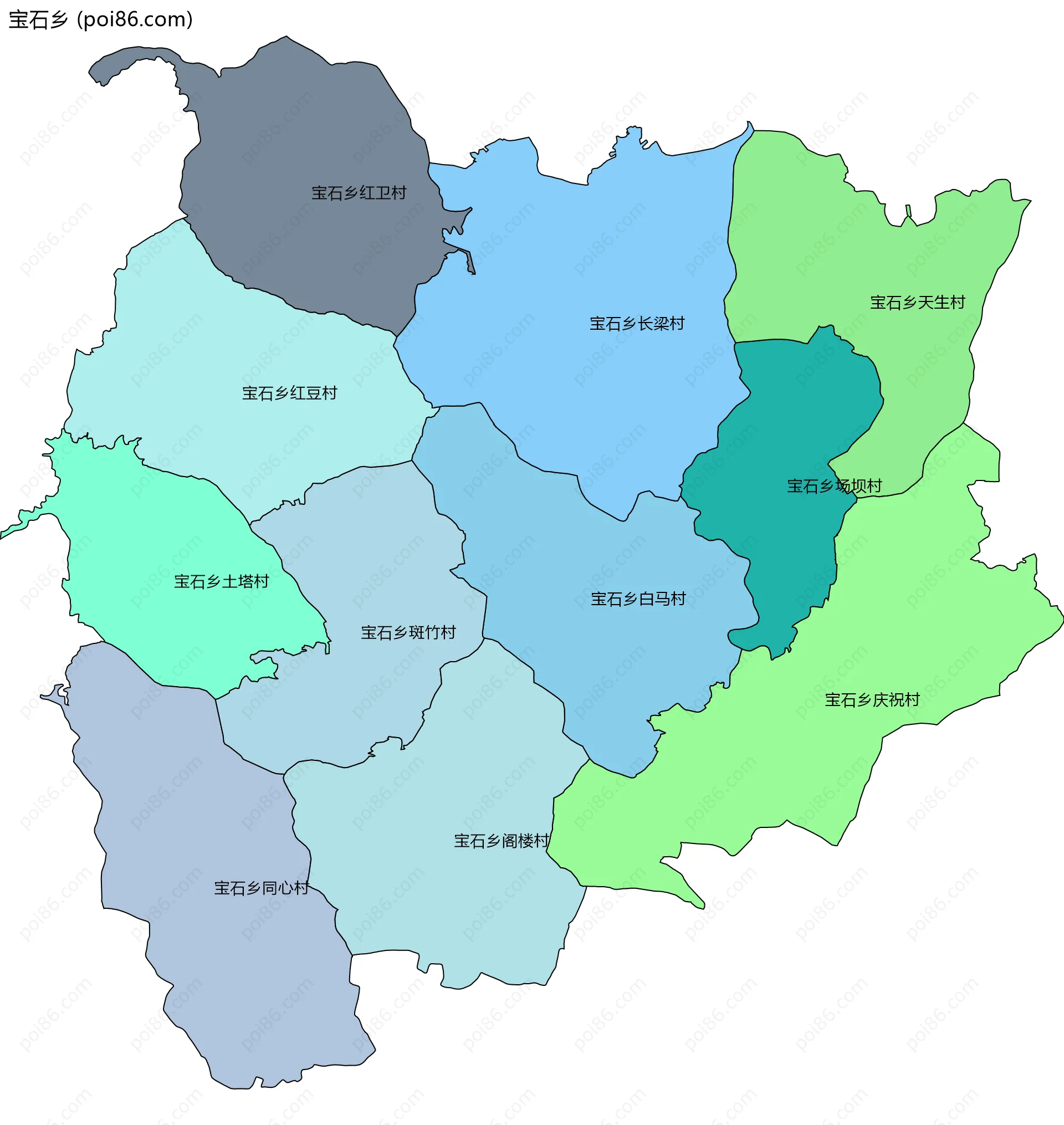 宝石乡边界地图(五级行政区划)