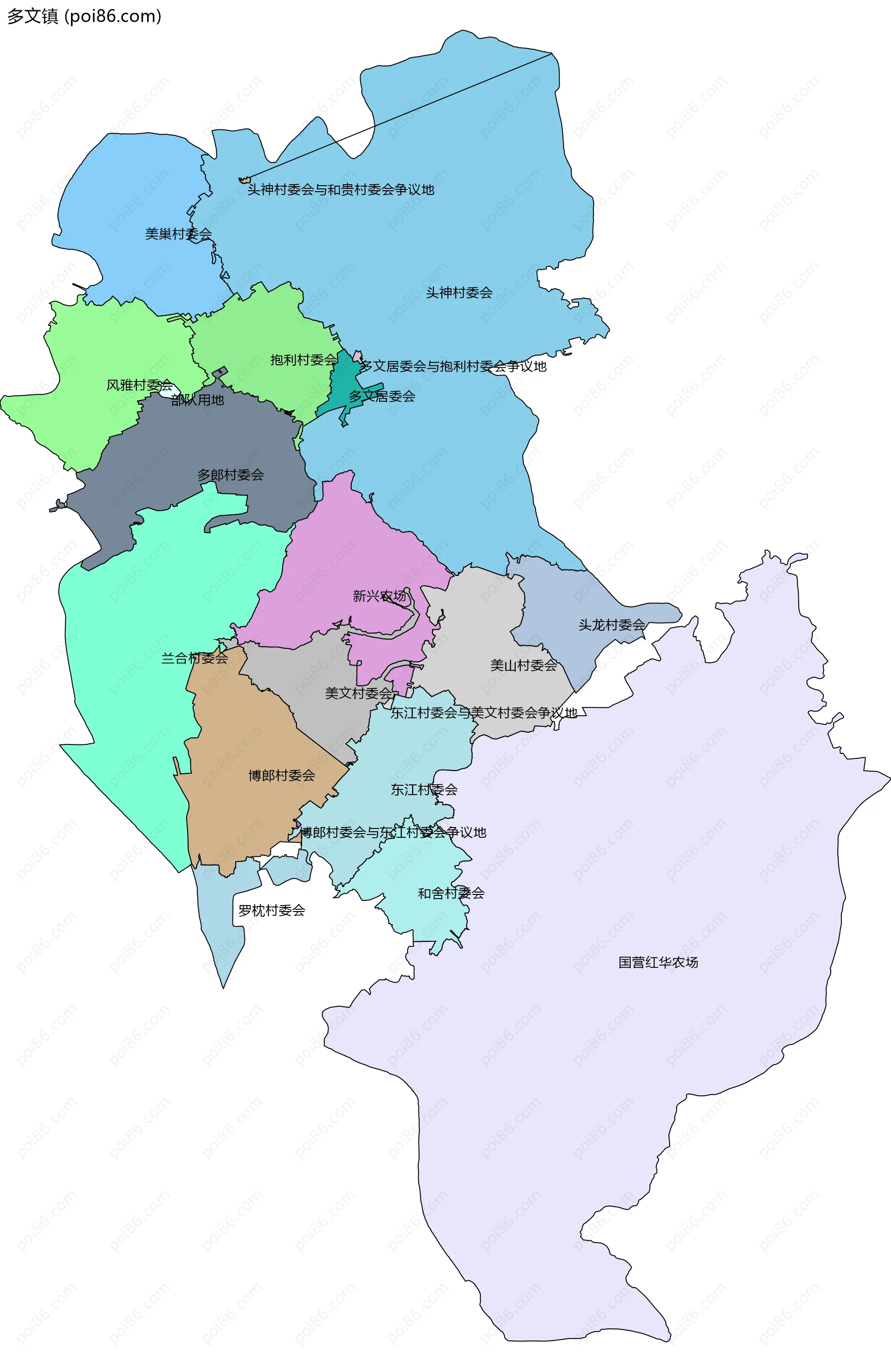 多文镇边界地图(五级行政区划)