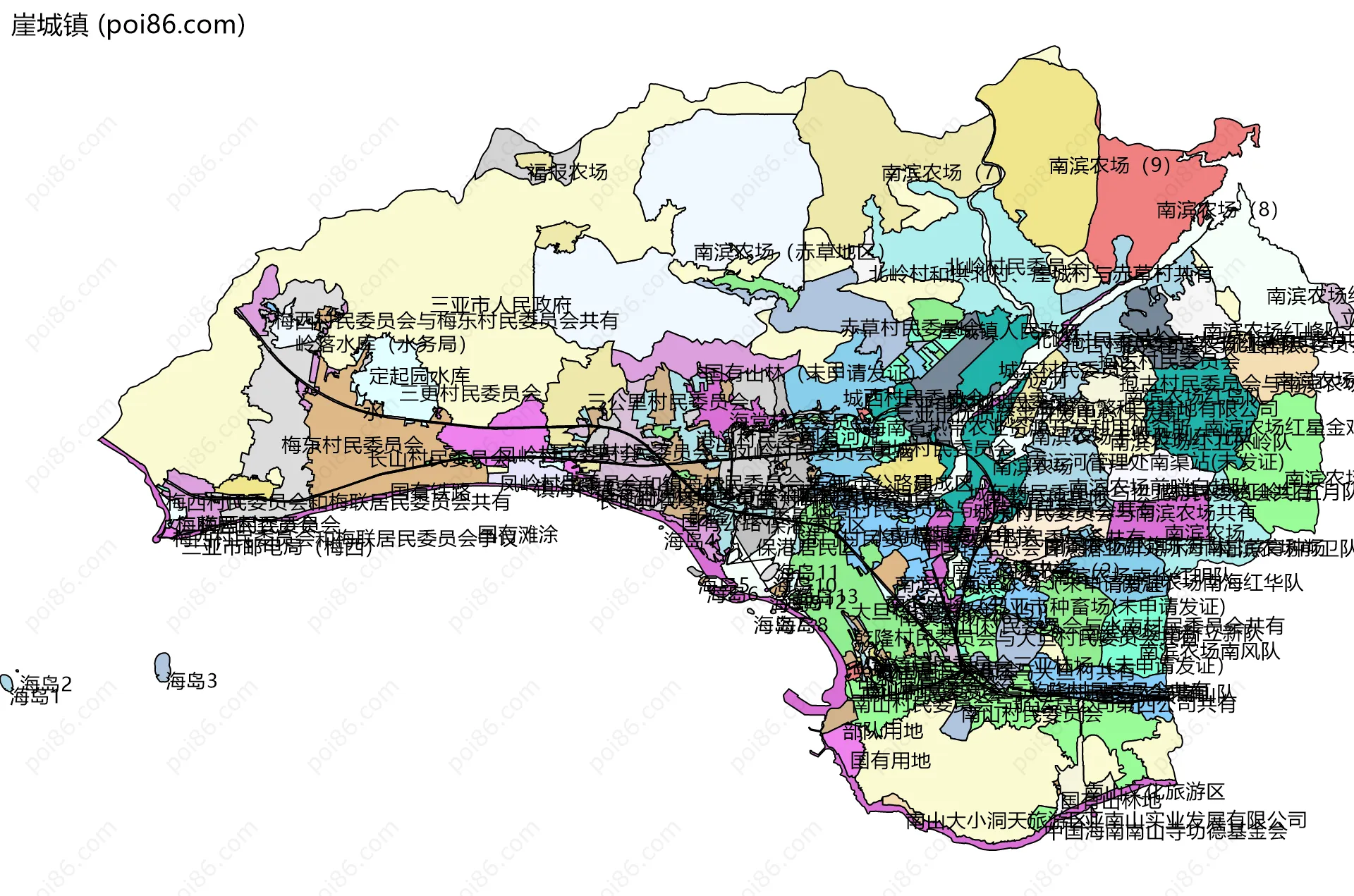 崖城镇边界地图(五级行政区划)