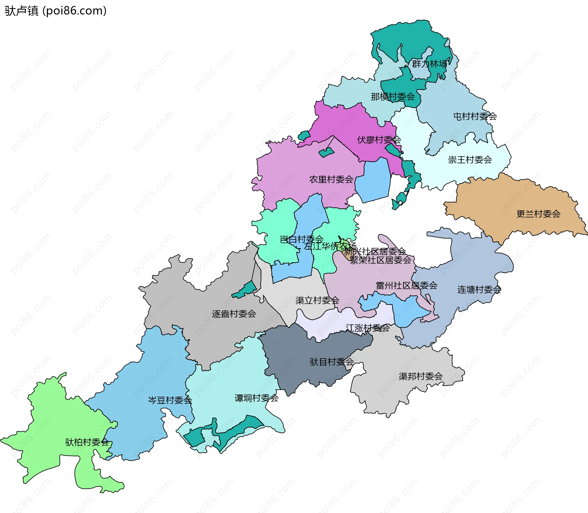 驮卢镇边界地图(五级行政区划)