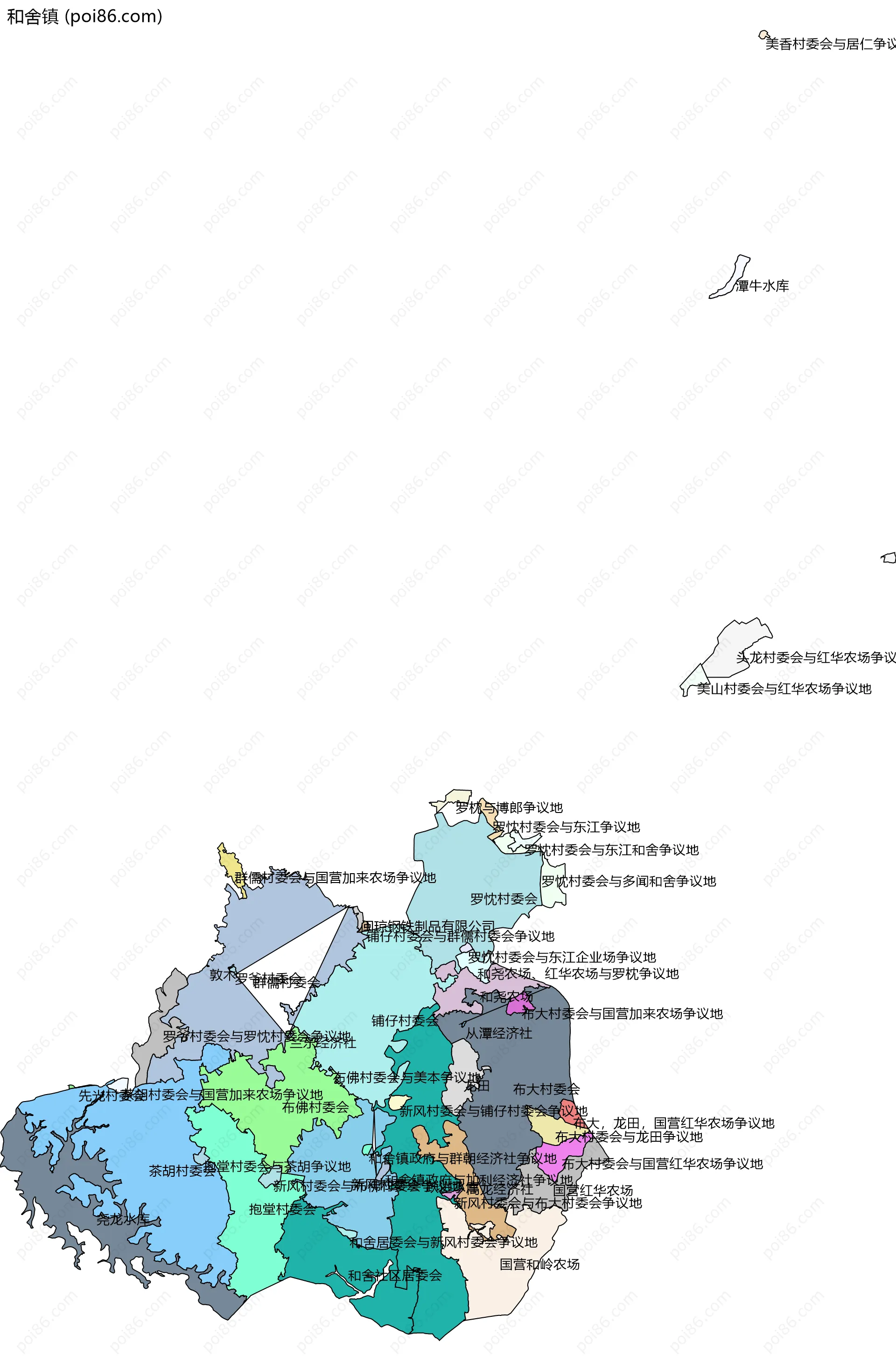 和舍镇边界地图(五级行政区划)