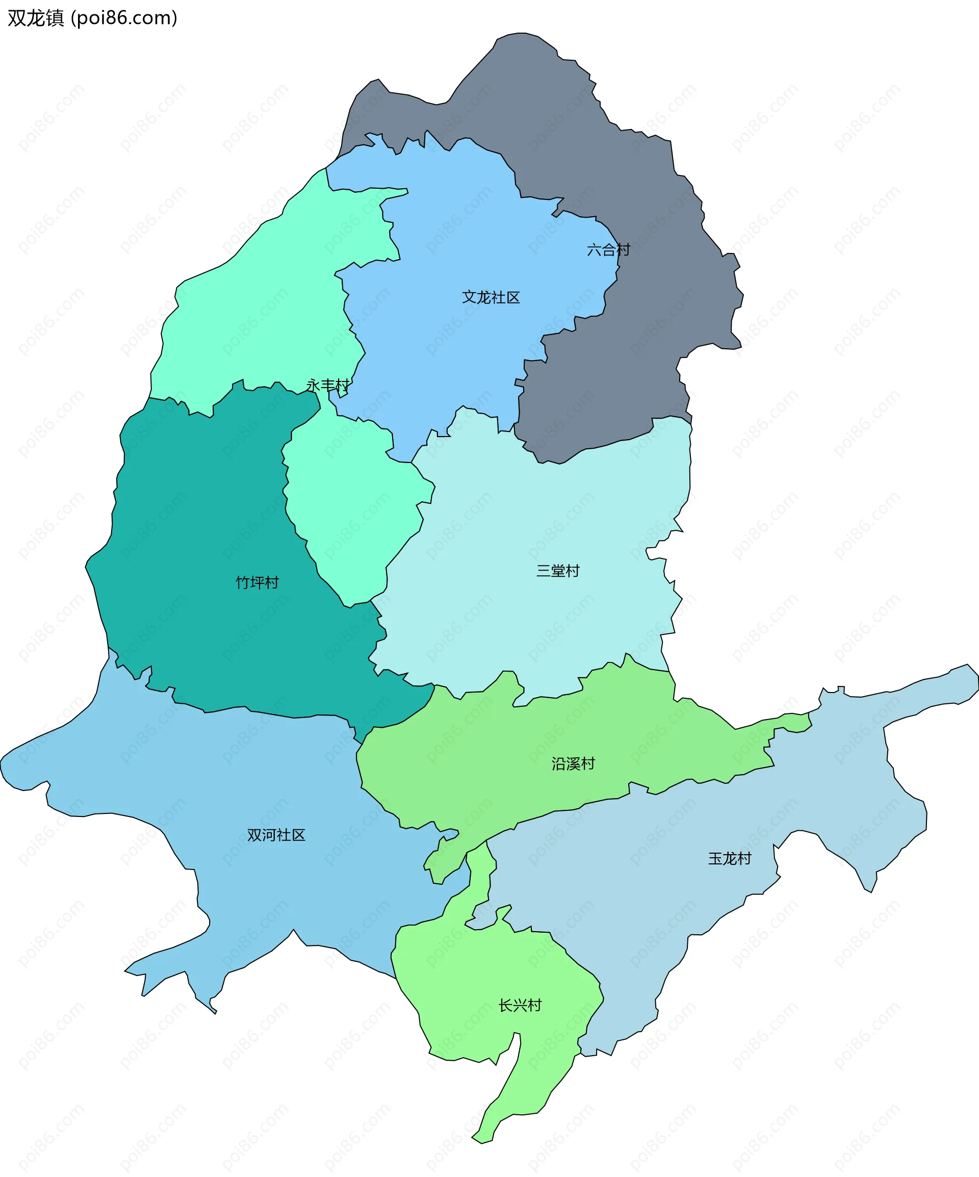 双龙镇边界地图(五级行政区划)