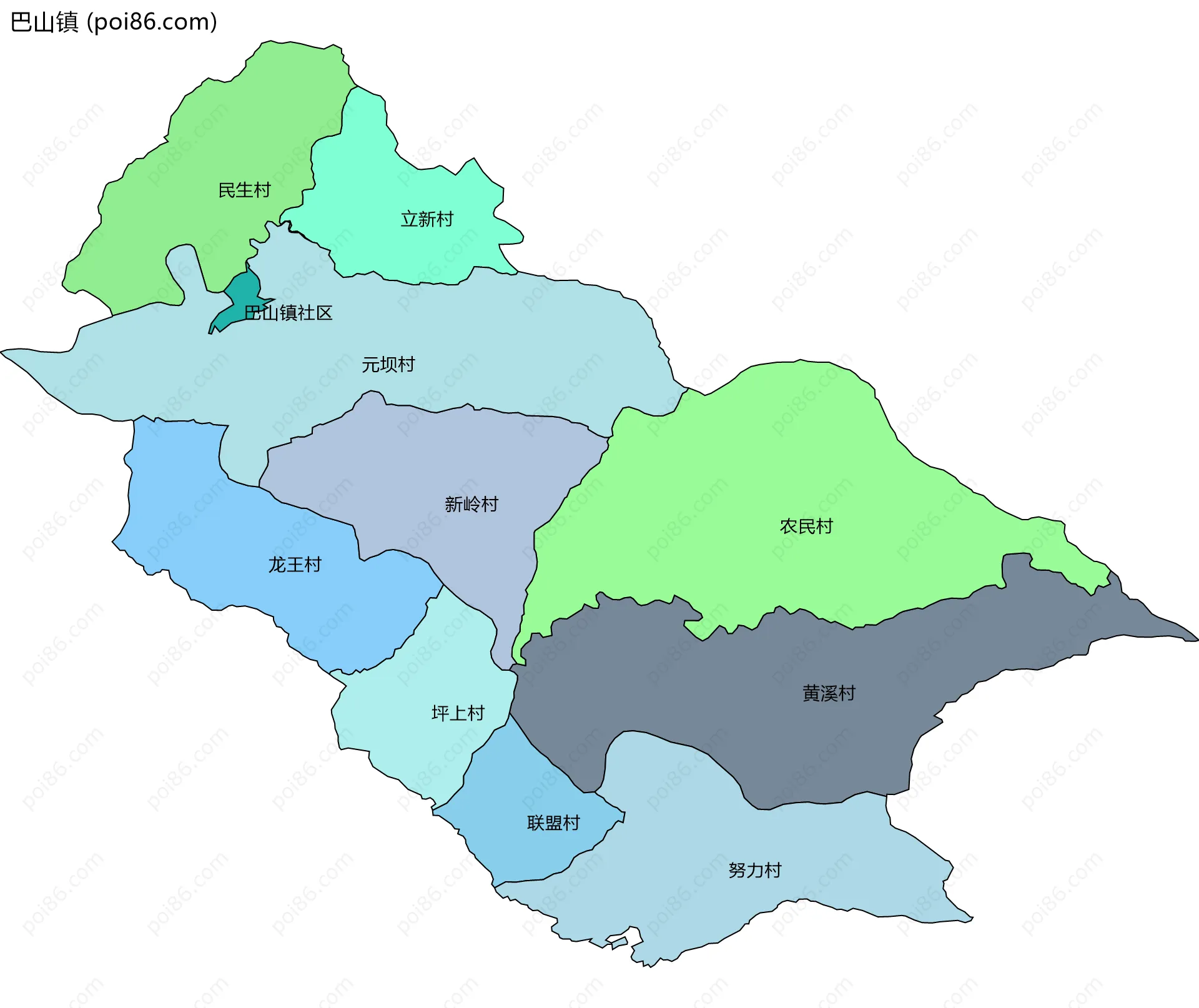 巴山镇边界地图(五级行政区划)
