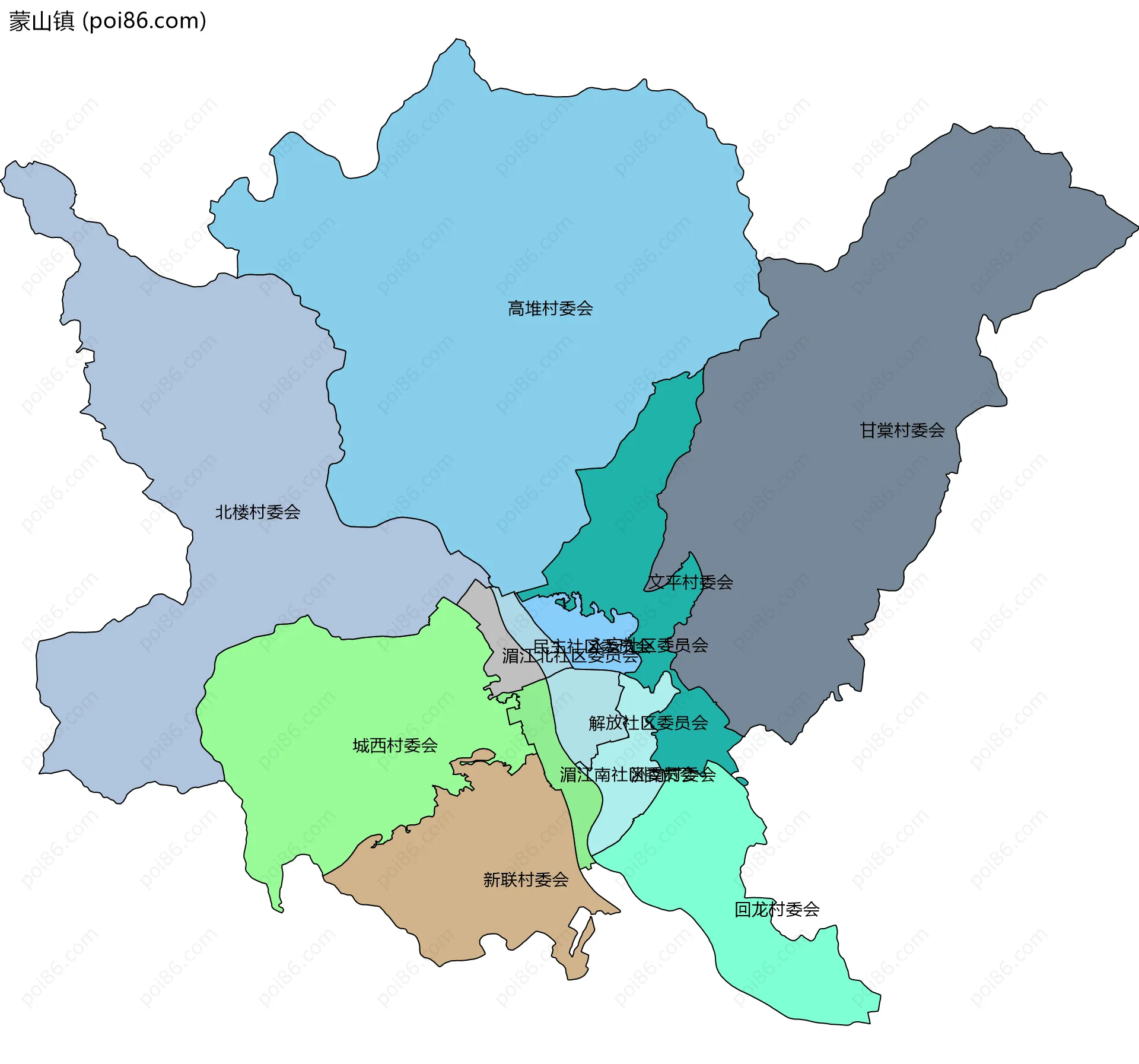 蒙山镇边界地图(五级行政区划)