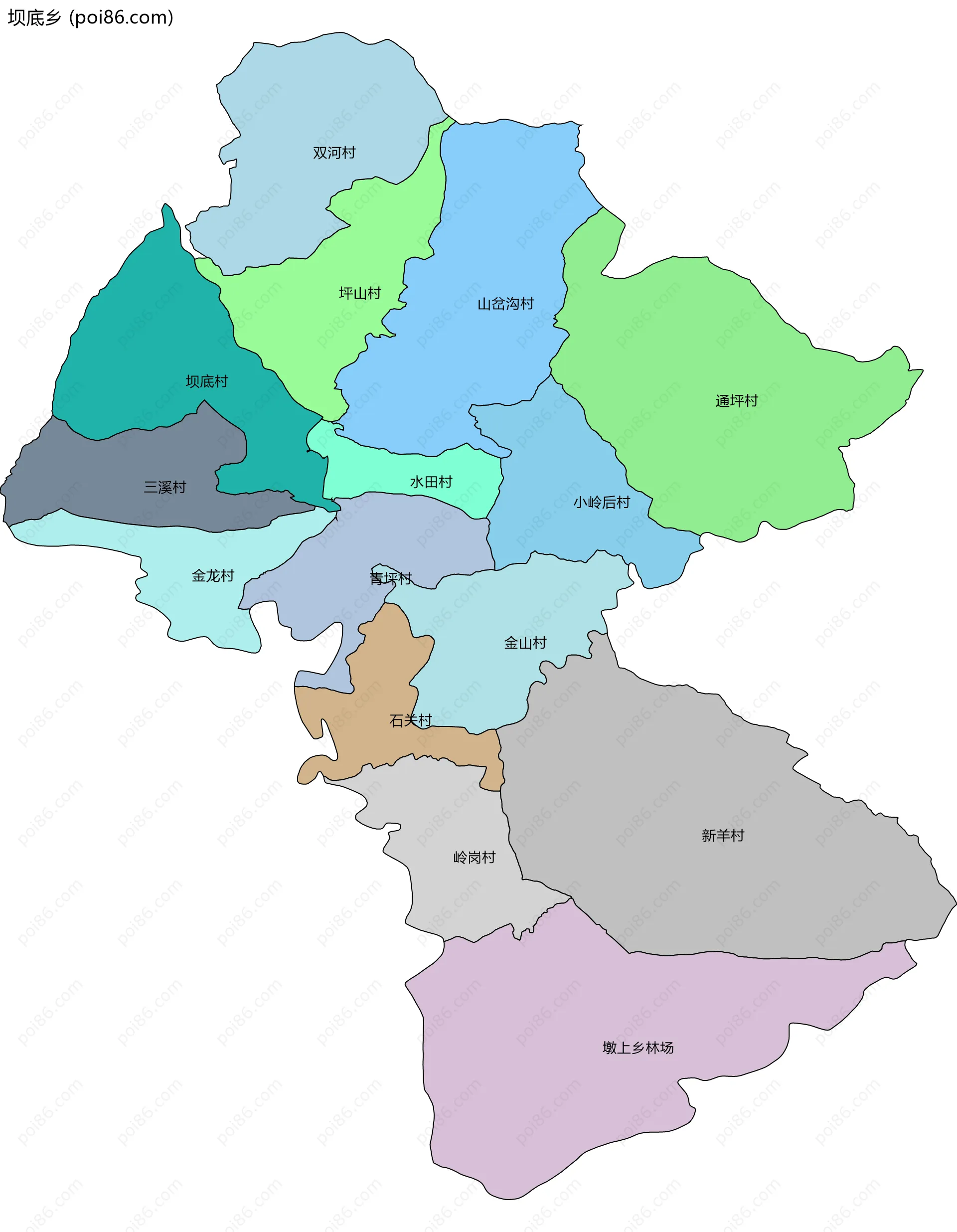 坝底乡边界地图(五级行政区划)