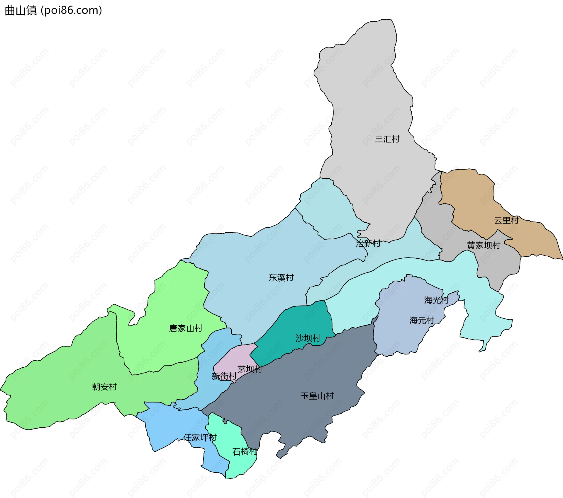 曲山镇边界地图(五级行政区划)