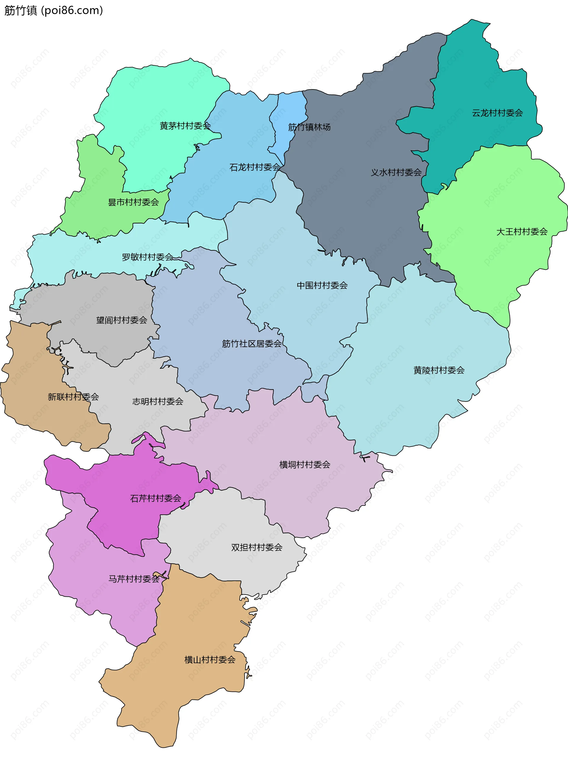 筋竹镇边界地图(五级行政区划)