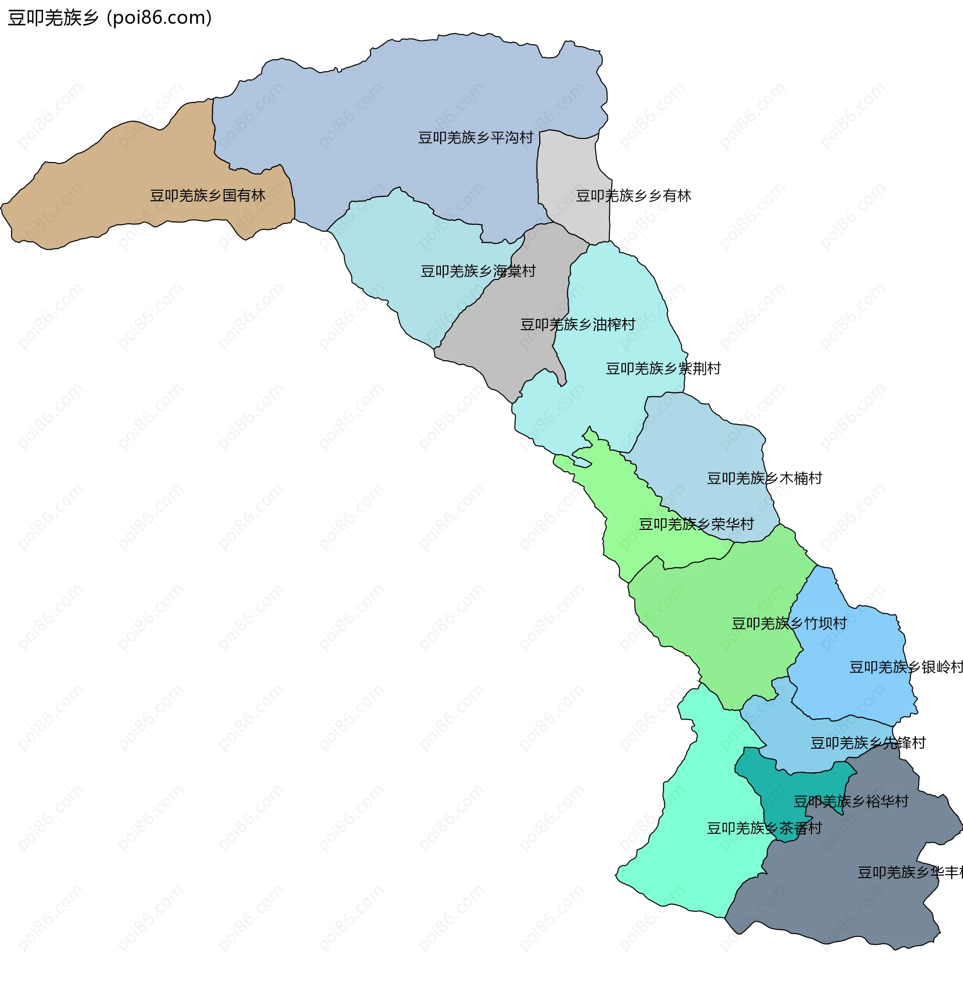 豆叩羌族乡边界地图(五级行政区划)