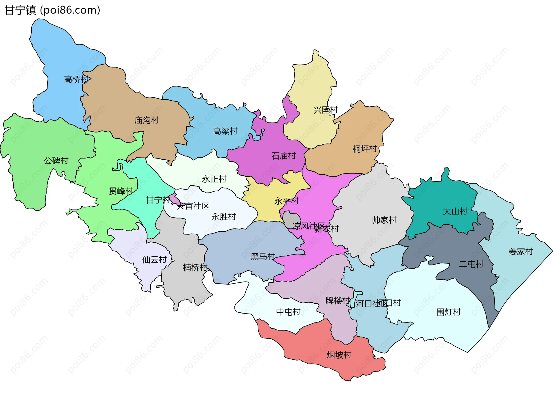 甘宁镇边界地图(五级行政区划)
