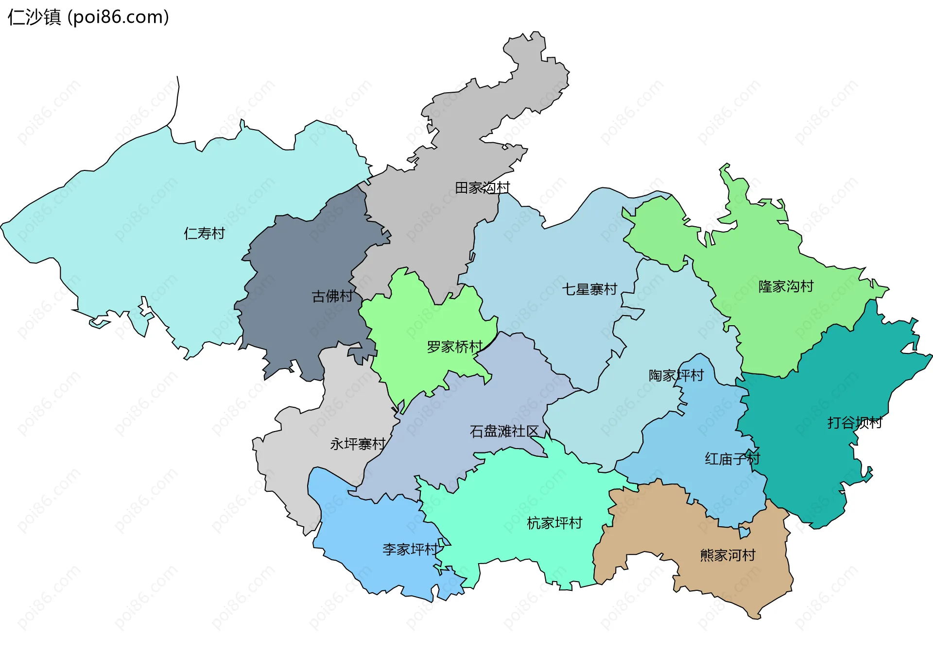仁沙镇边界地图(五级行政区划)