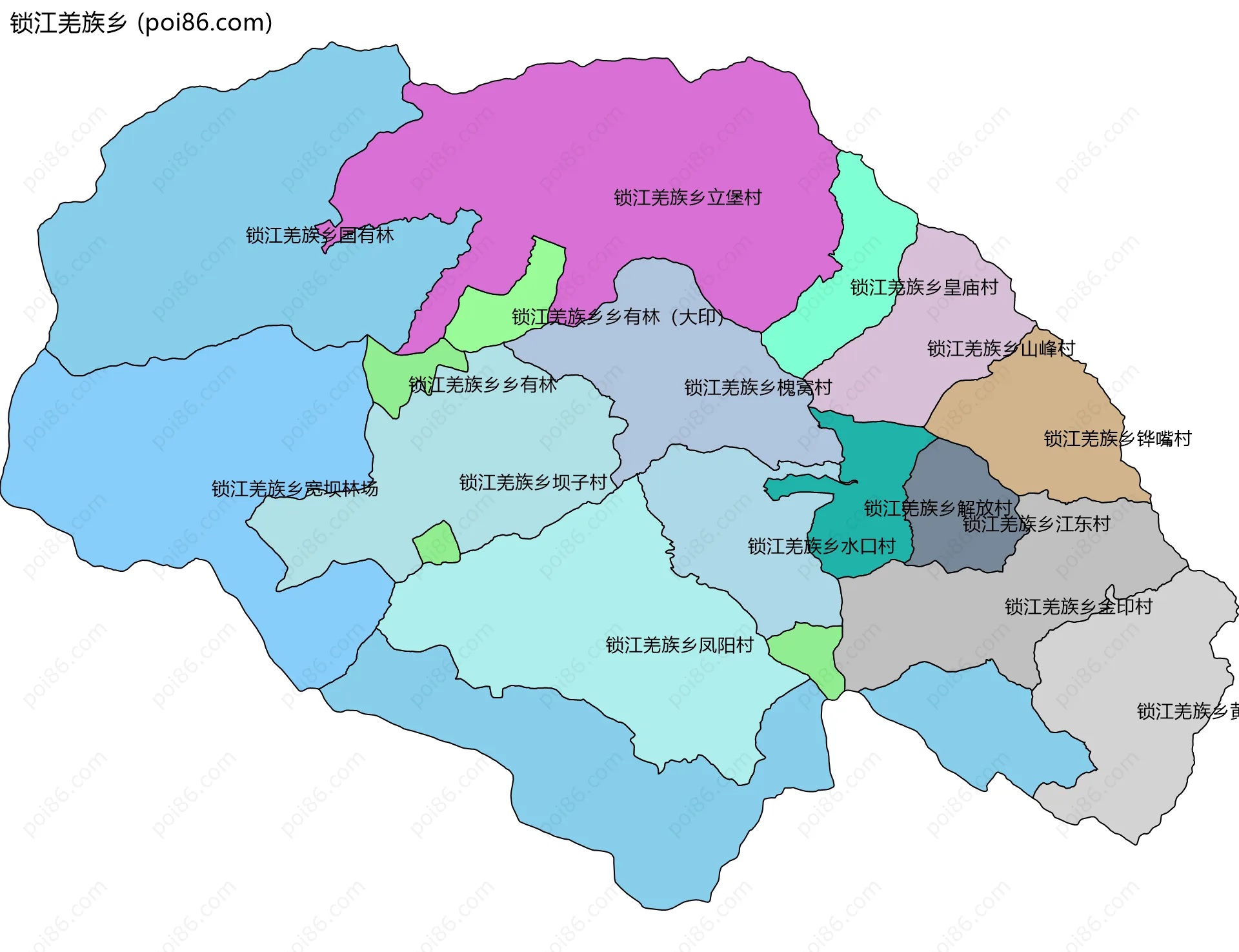 锁江羌族乡边界地图(五级行政区划)