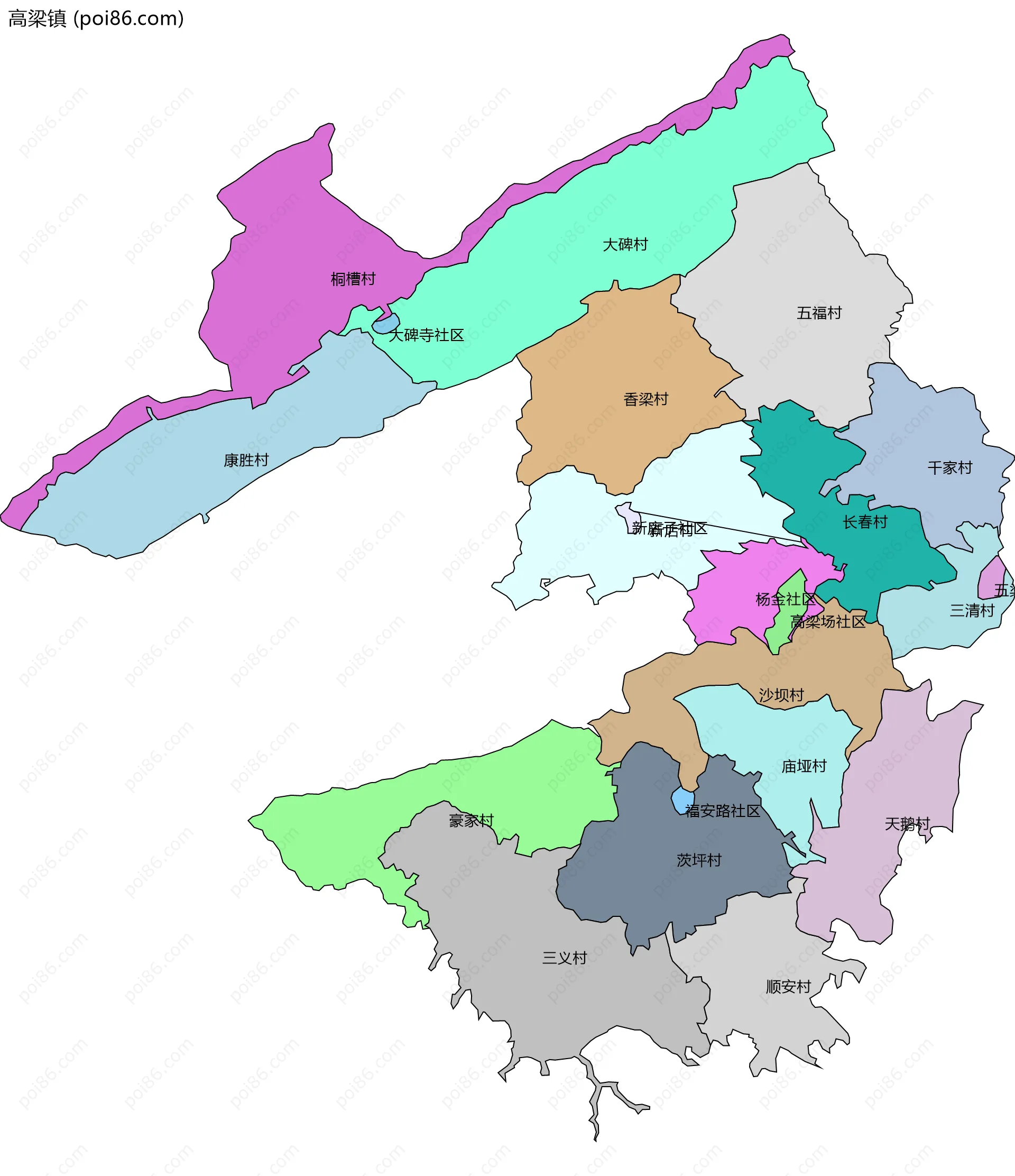 高梁镇边界地图(五级行政区划)