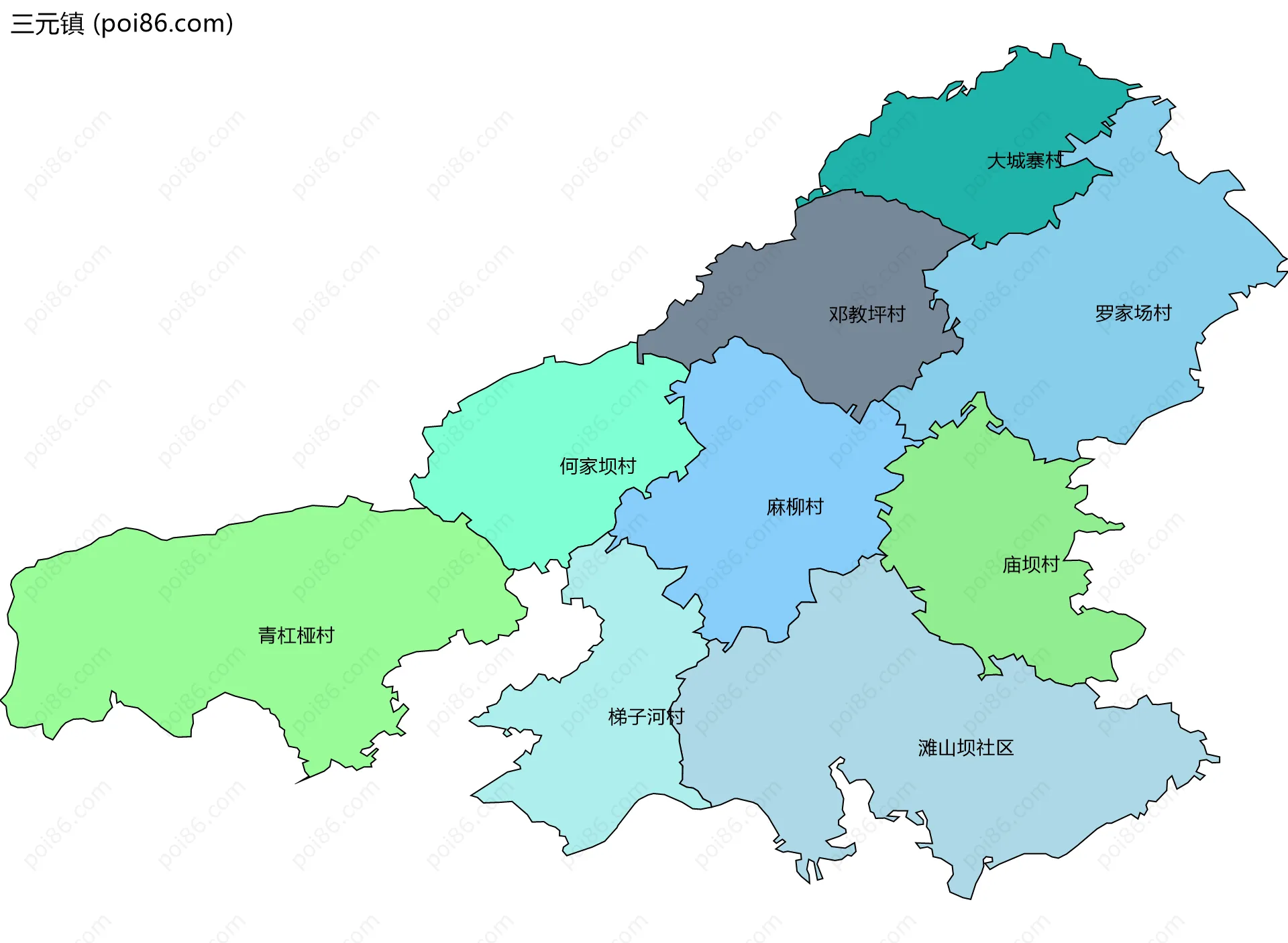 三元镇边界地图(五级行政区划)