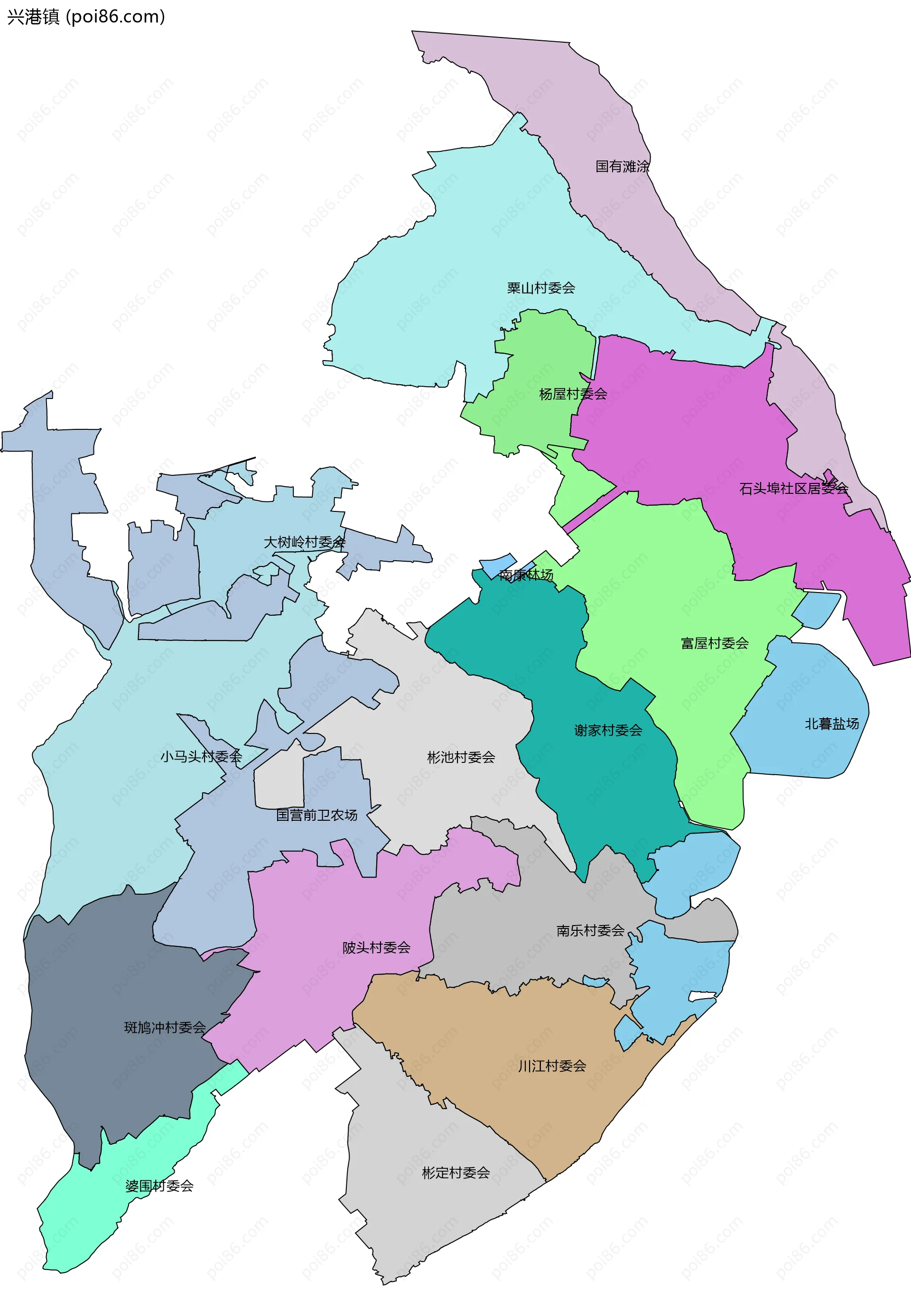 兴港镇边界地图(五级行政区划)