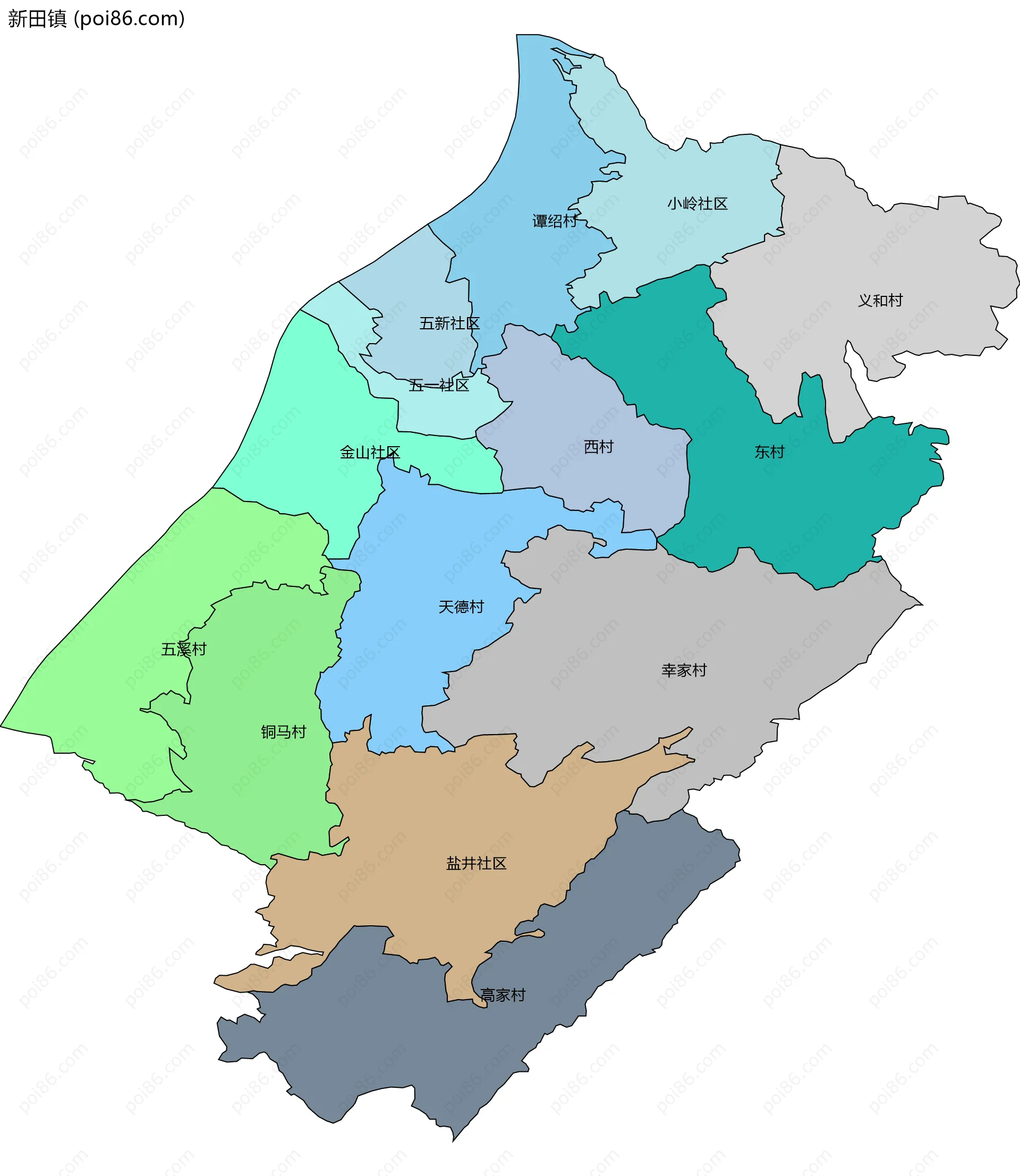 新田镇边界地图(五级行政区划)