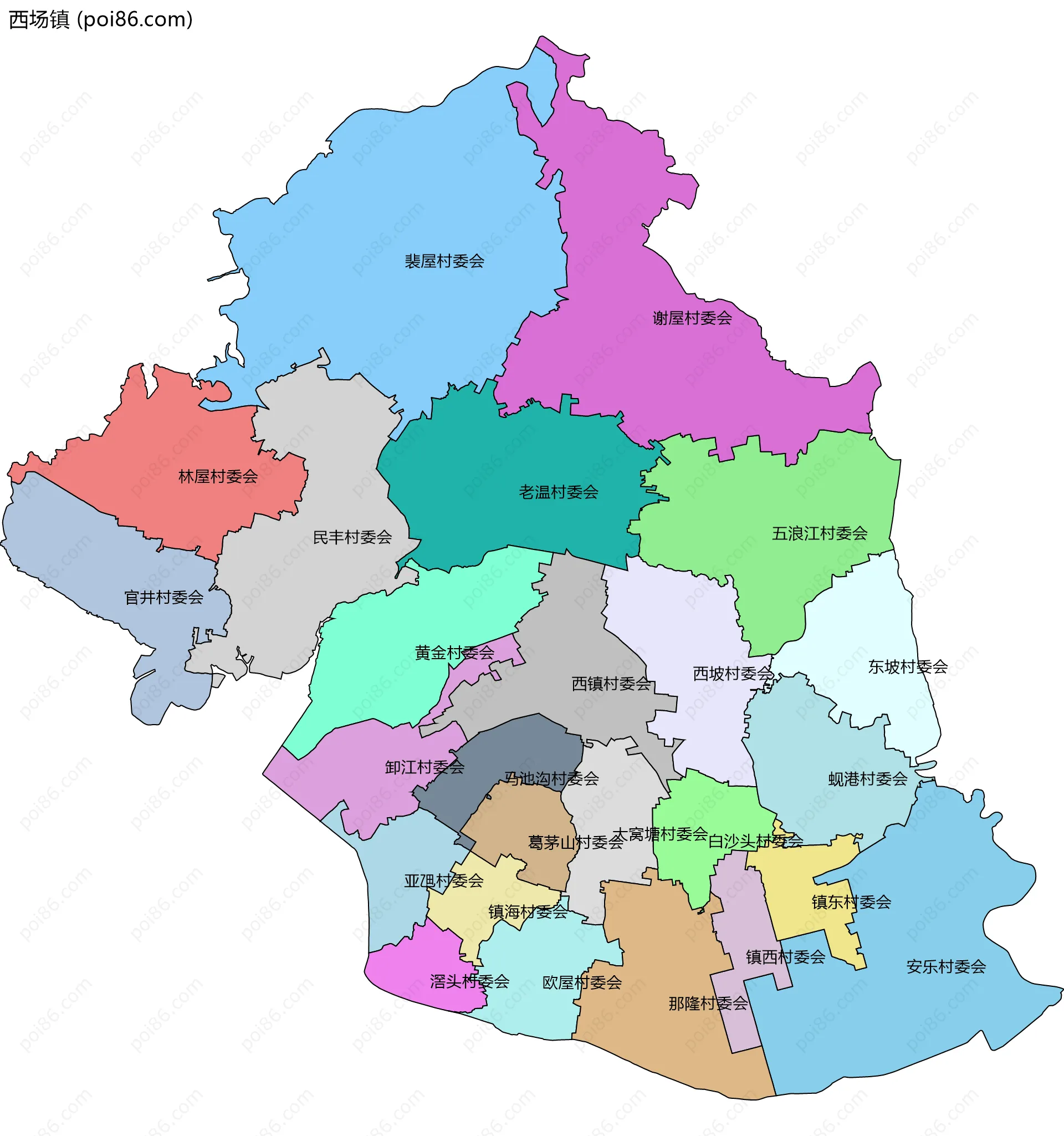 西场镇边界地图(五级行政区划)