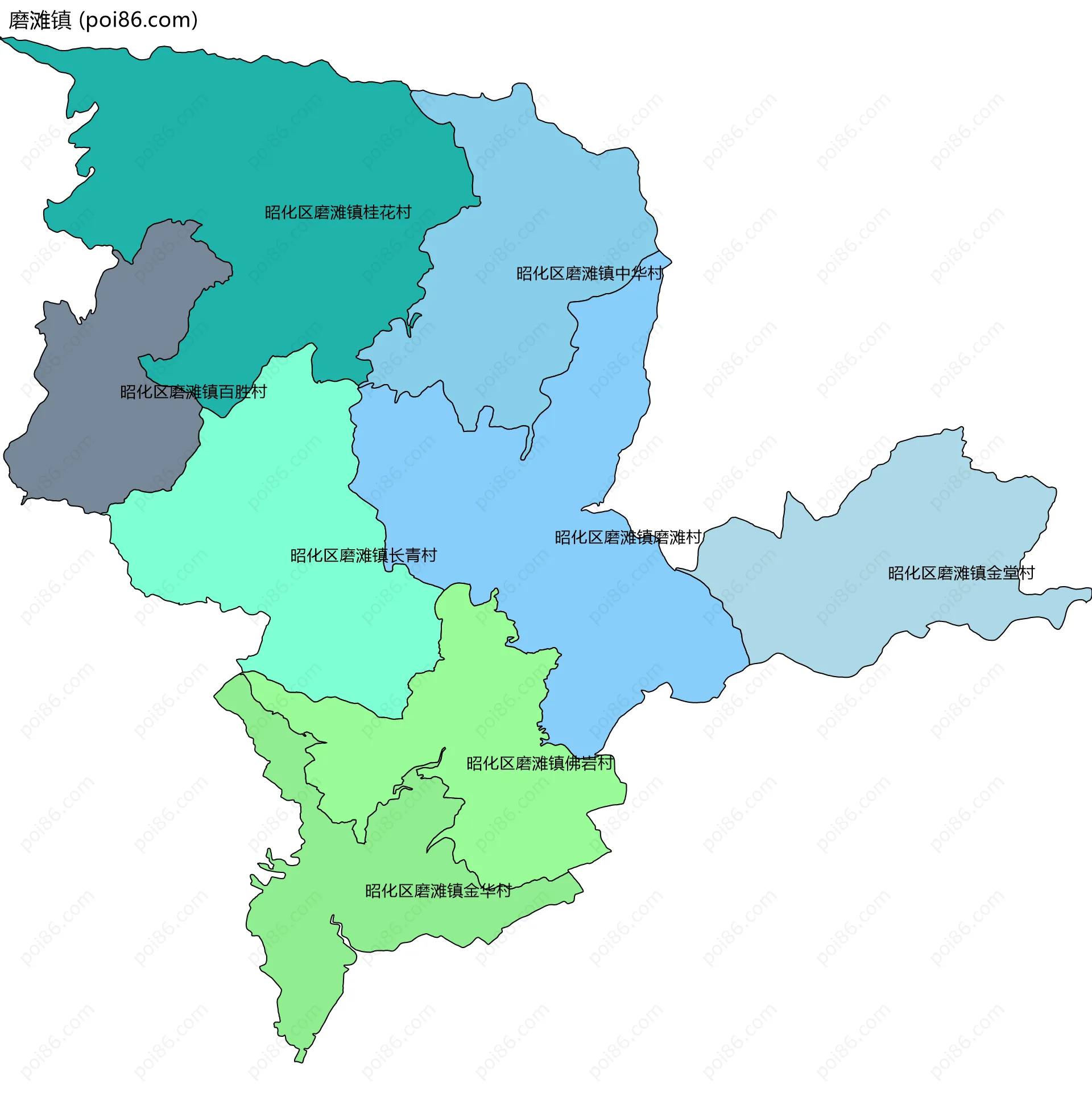 磨滩镇边界地图(五级行政区划)