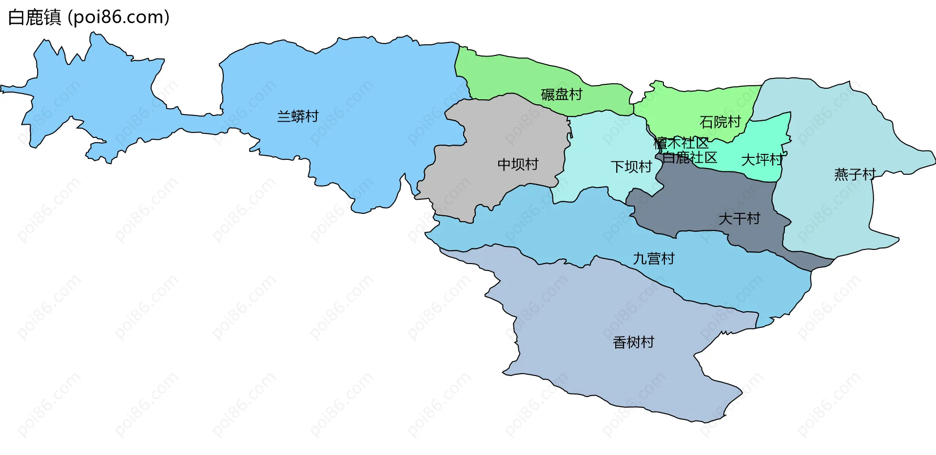 白鹿镇边界地图(五级行政区划)
