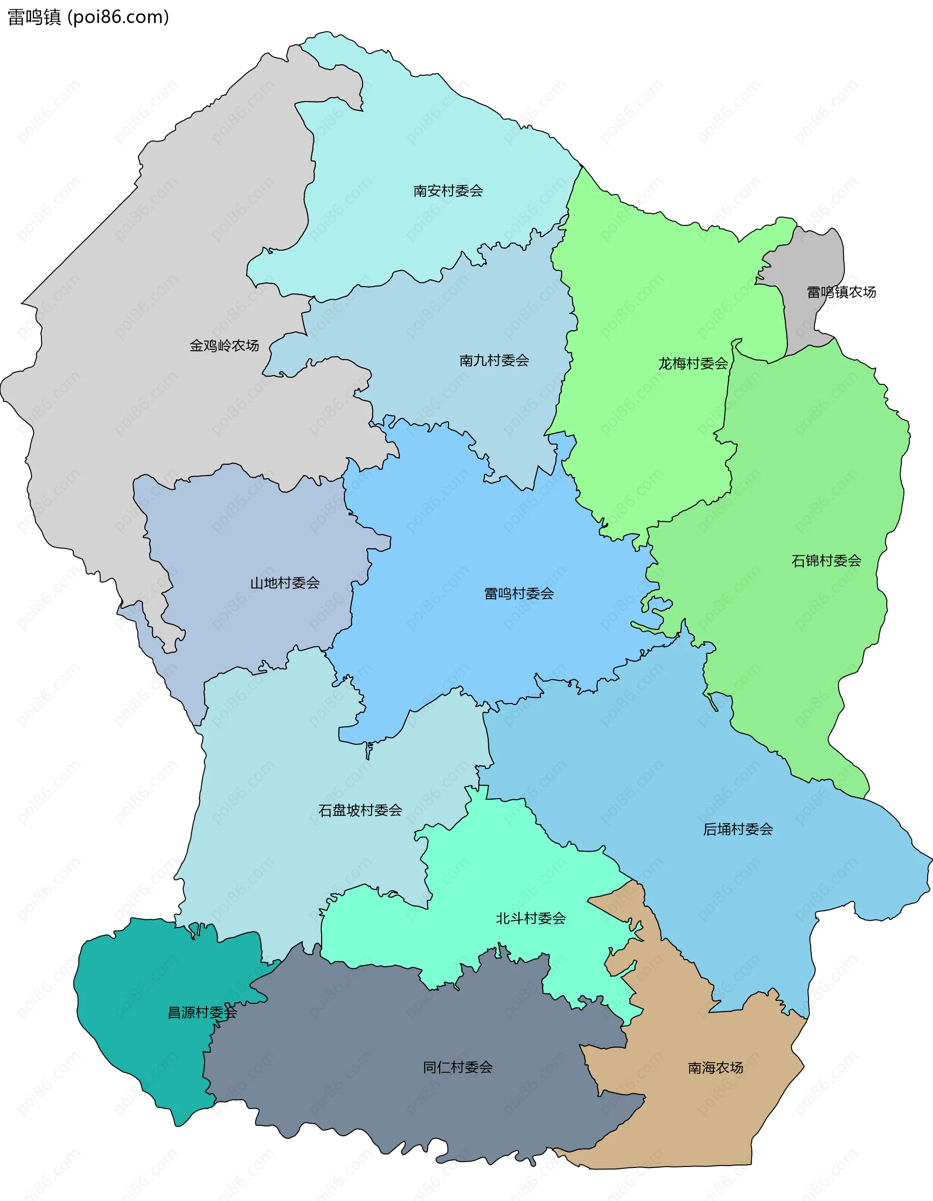 雷鸣镇边界地图(五级行政区划)