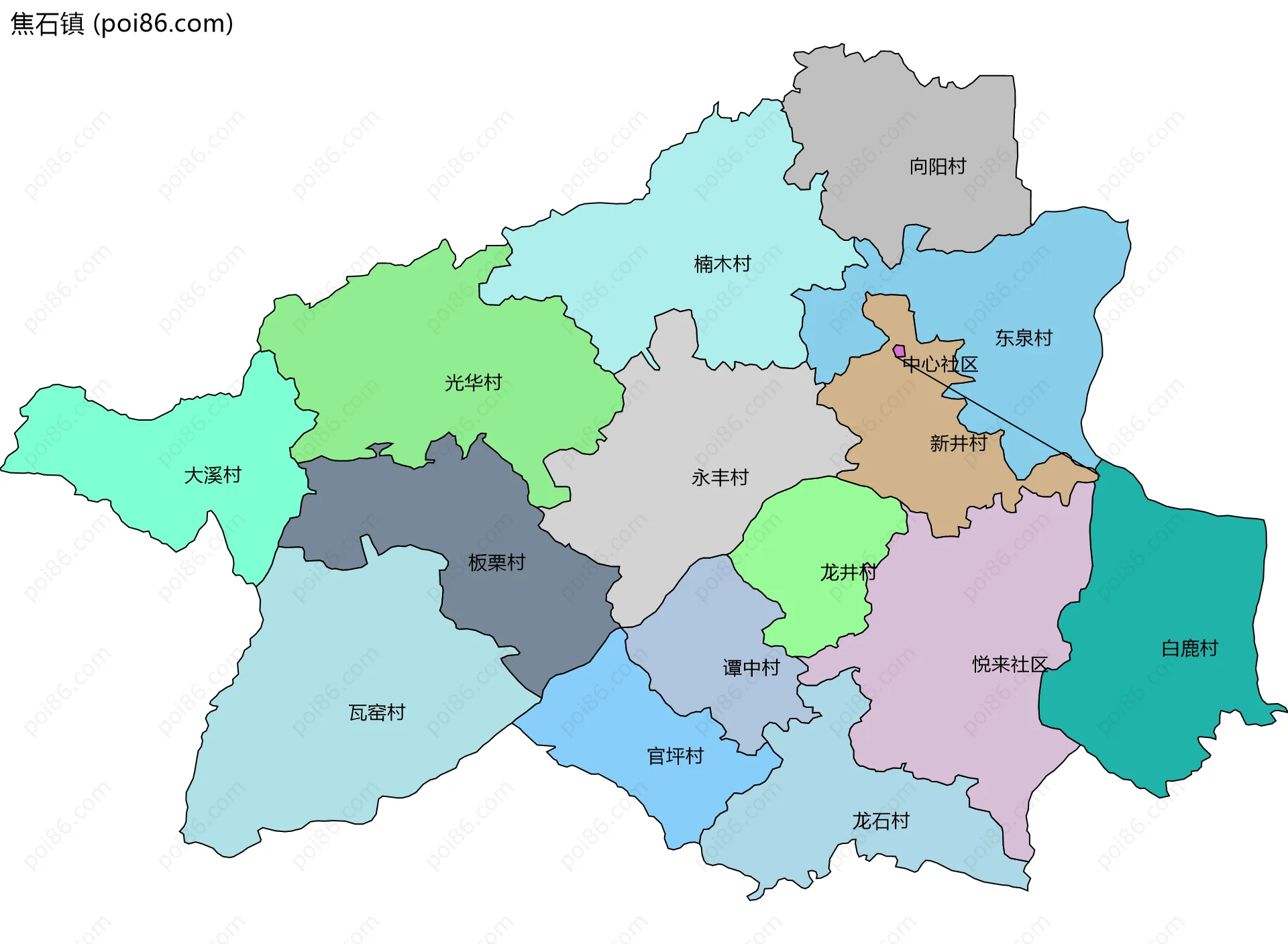 焦石镇边界地图(五级行政区划)