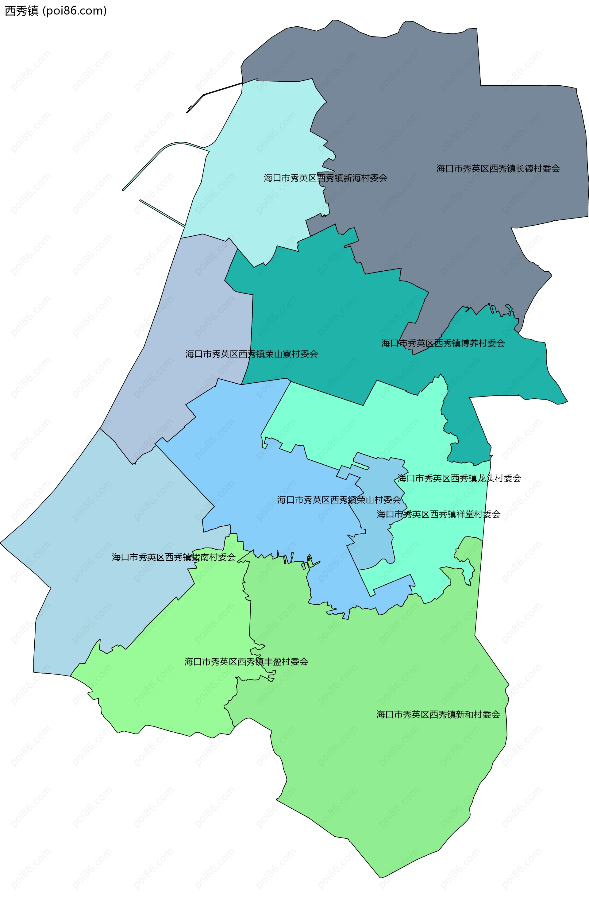 西秀镇边界地图(五级行政区划)