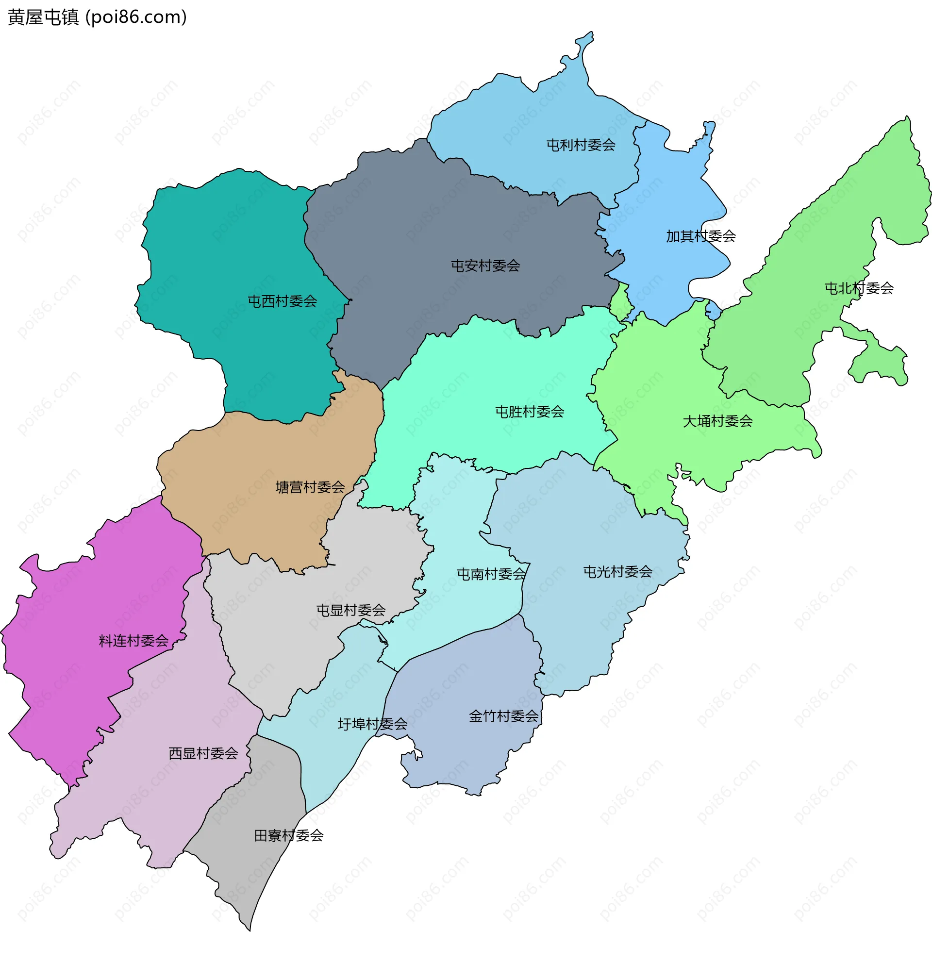 黄屋屯镇边界地图(五级行政区划)