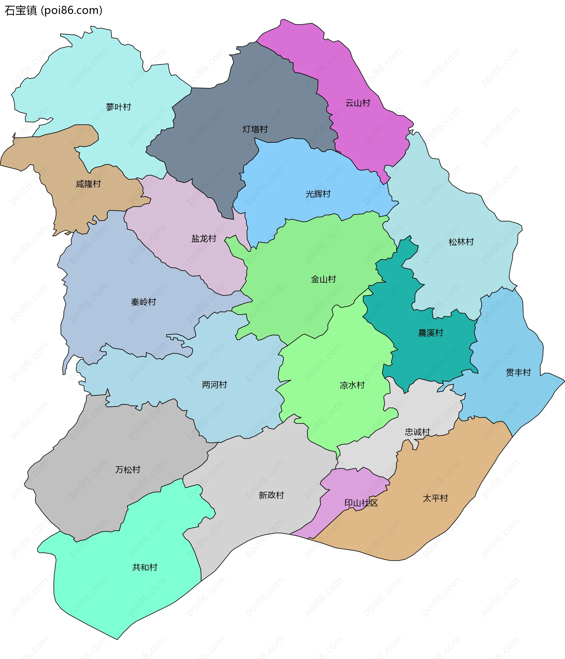 石宝镇边界地图(五级行政区划)