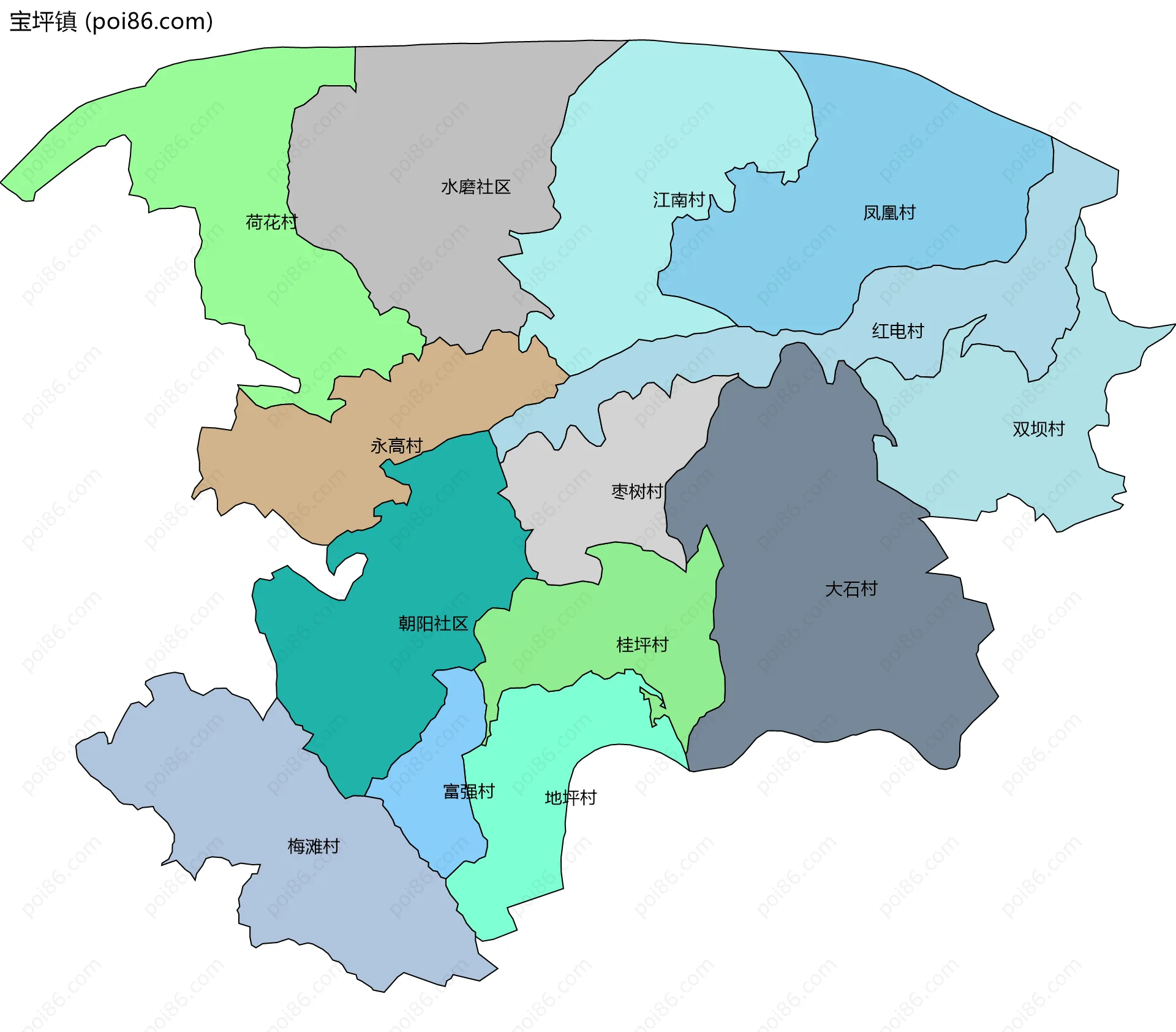宝坪镇边界地图(五级行政区划)