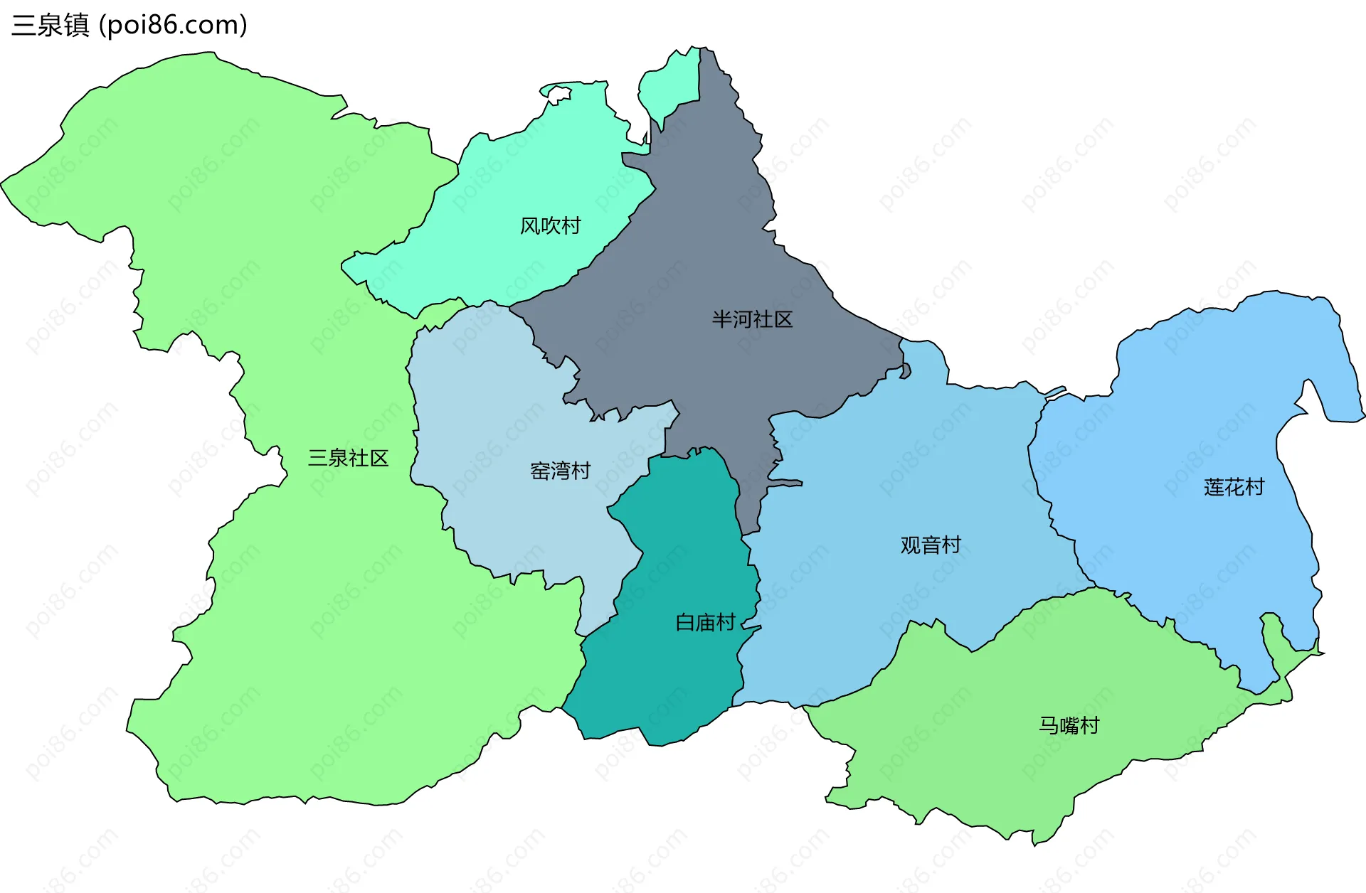 三泉镇边界地图(五级行政区划)