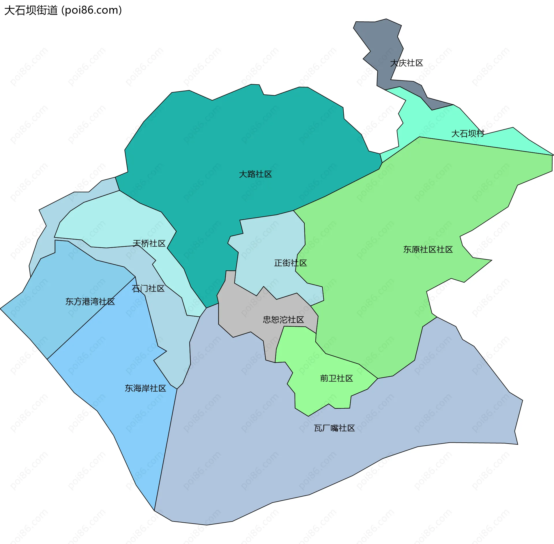 大石坝街道边界地图(五级行政区划)