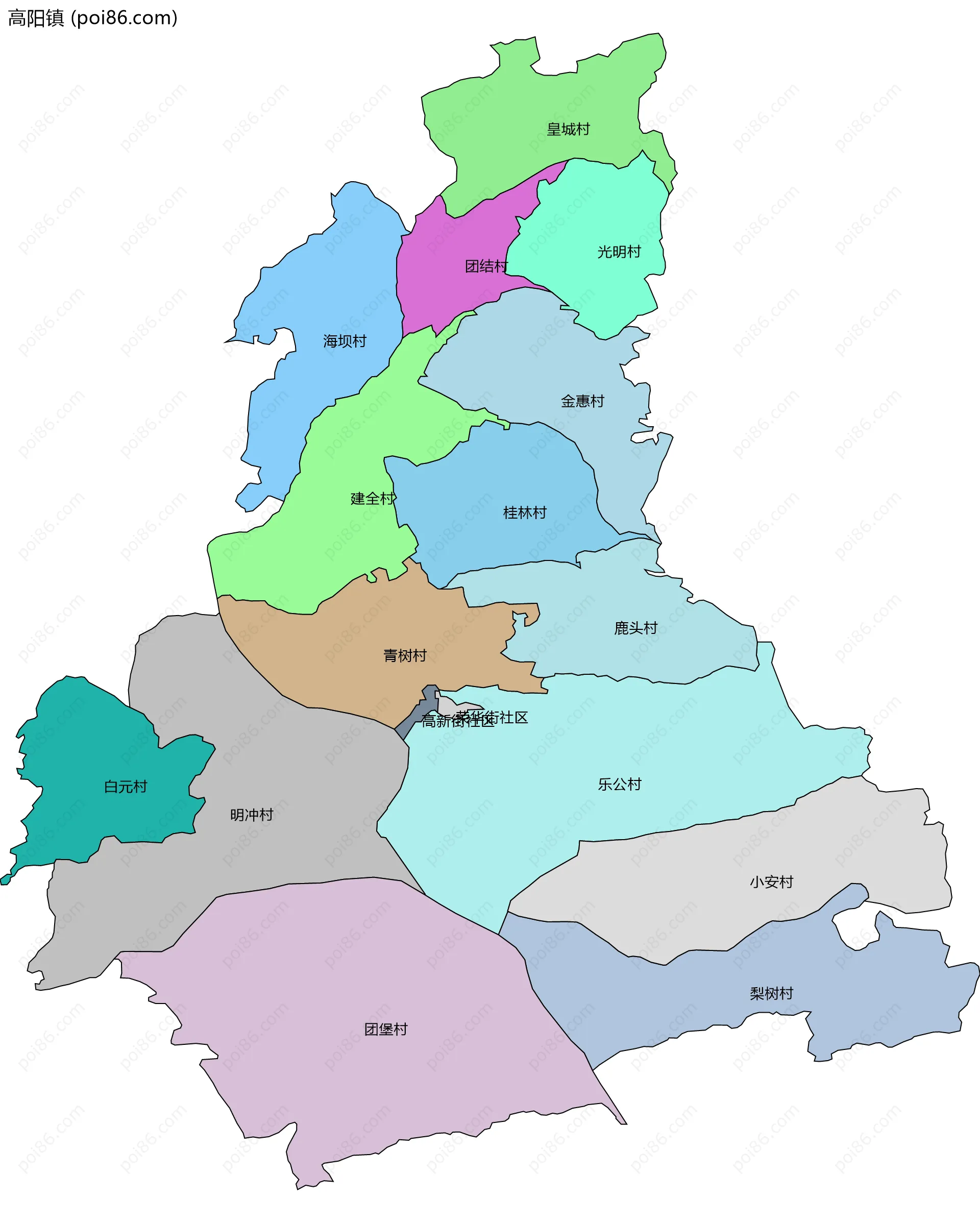 高阳镇边界地图(五级行政区划)