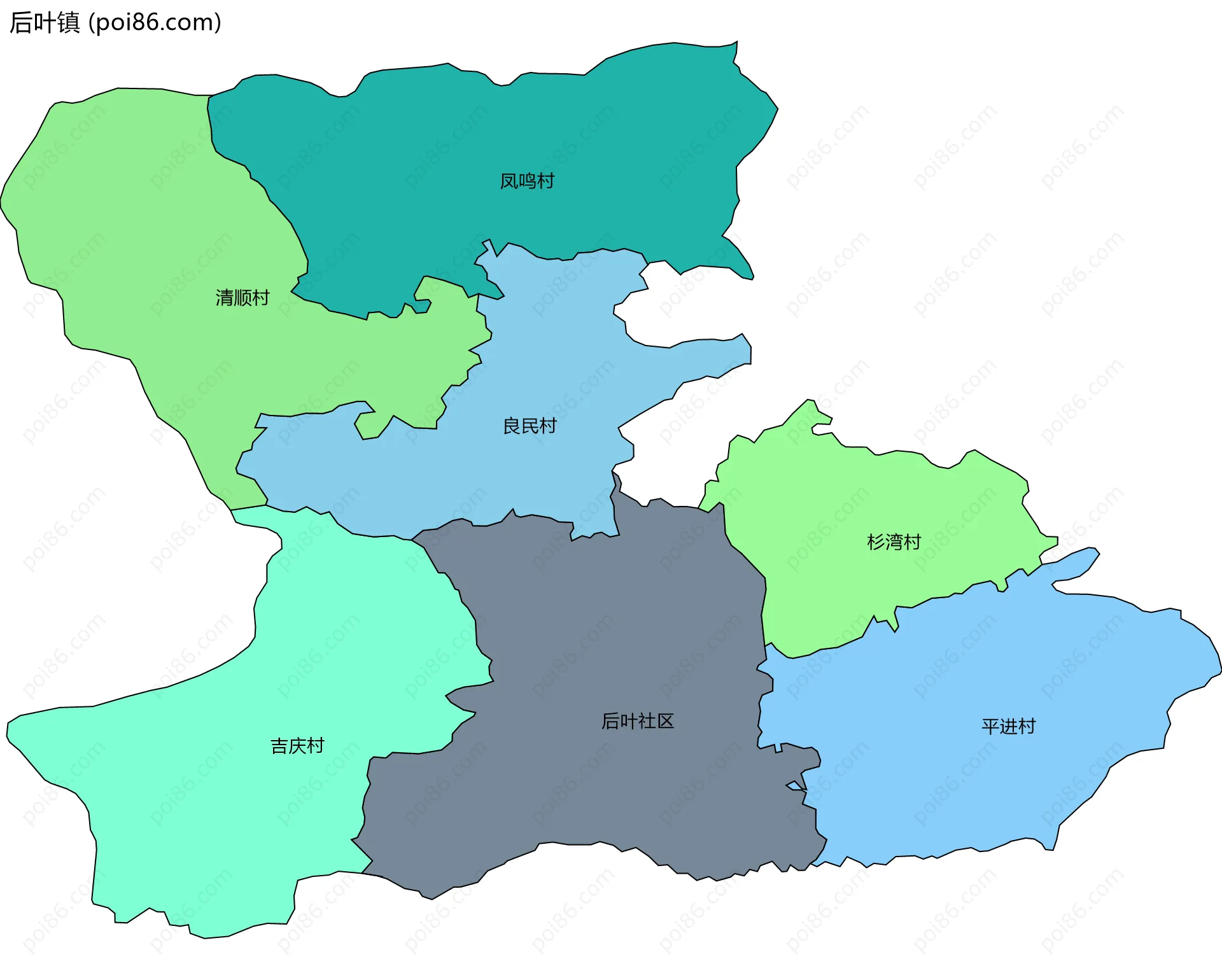 后叶镇边界地图(五级行政区划)