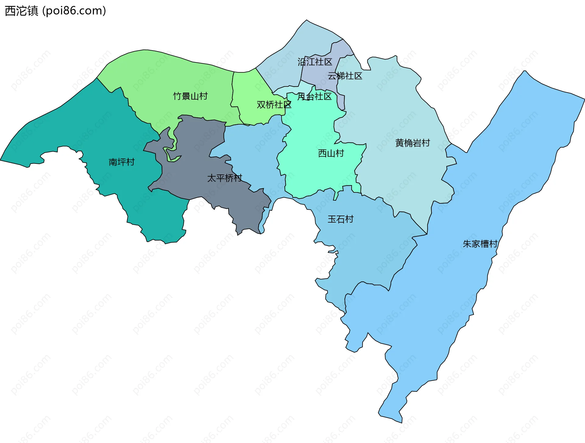 西沱镇边界地图(五级行政区划)