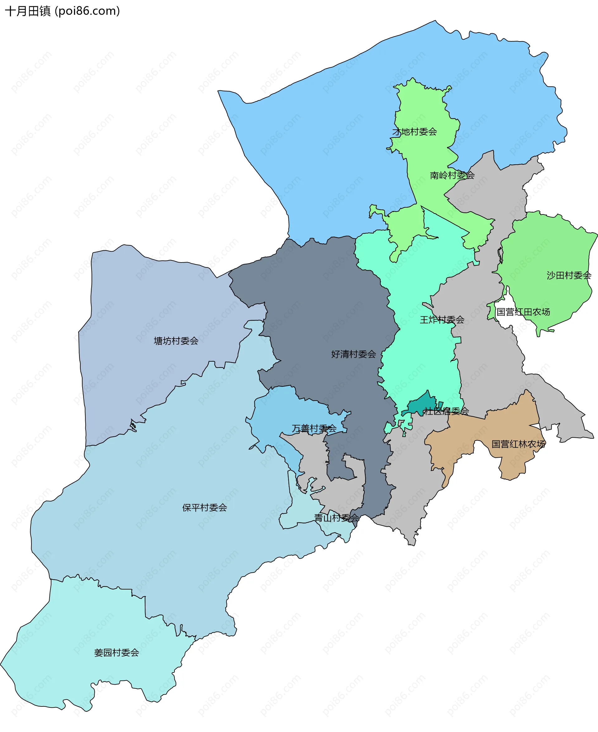十月田镇边界地图(五级行政区划)