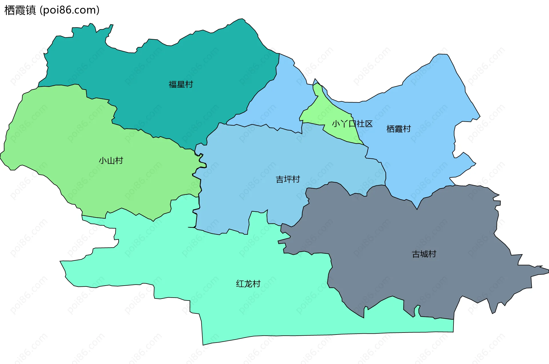 栖霞镇边界地图(五级行政区划)
