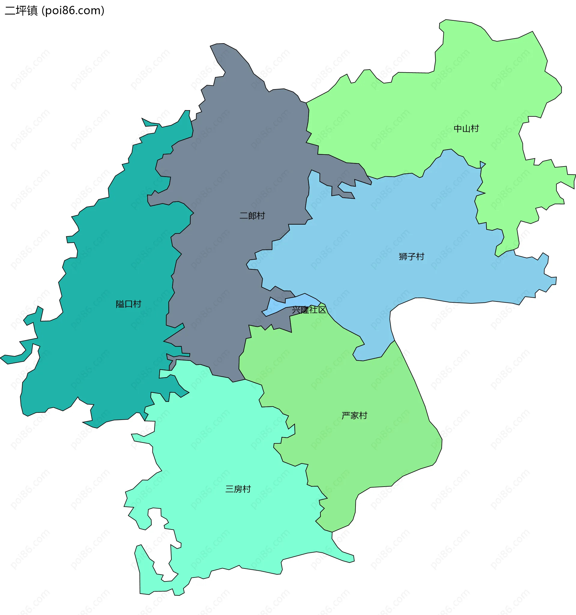 二坪镇边界地图(五级行政区划)