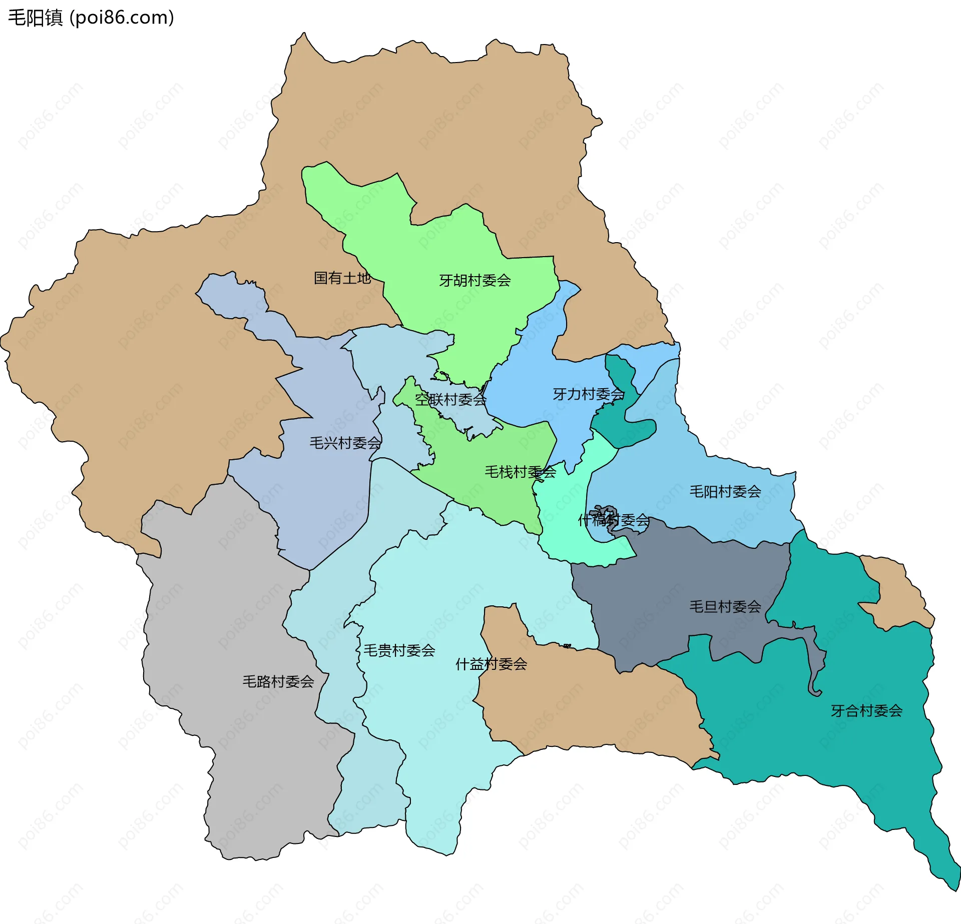 毛阳镇边界地图(五级行政区划)