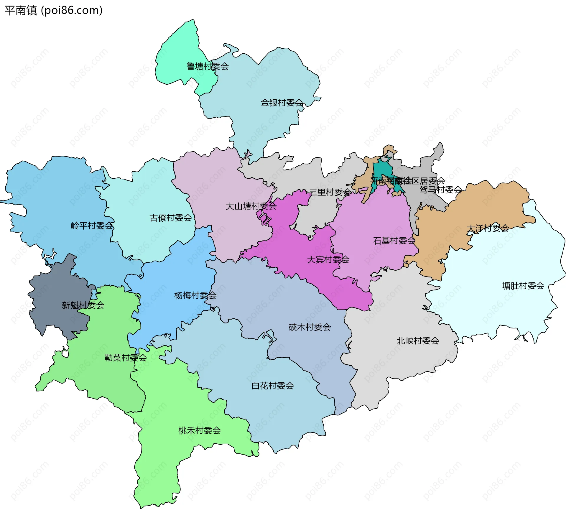 平南镇边界地图(五级行政区划)