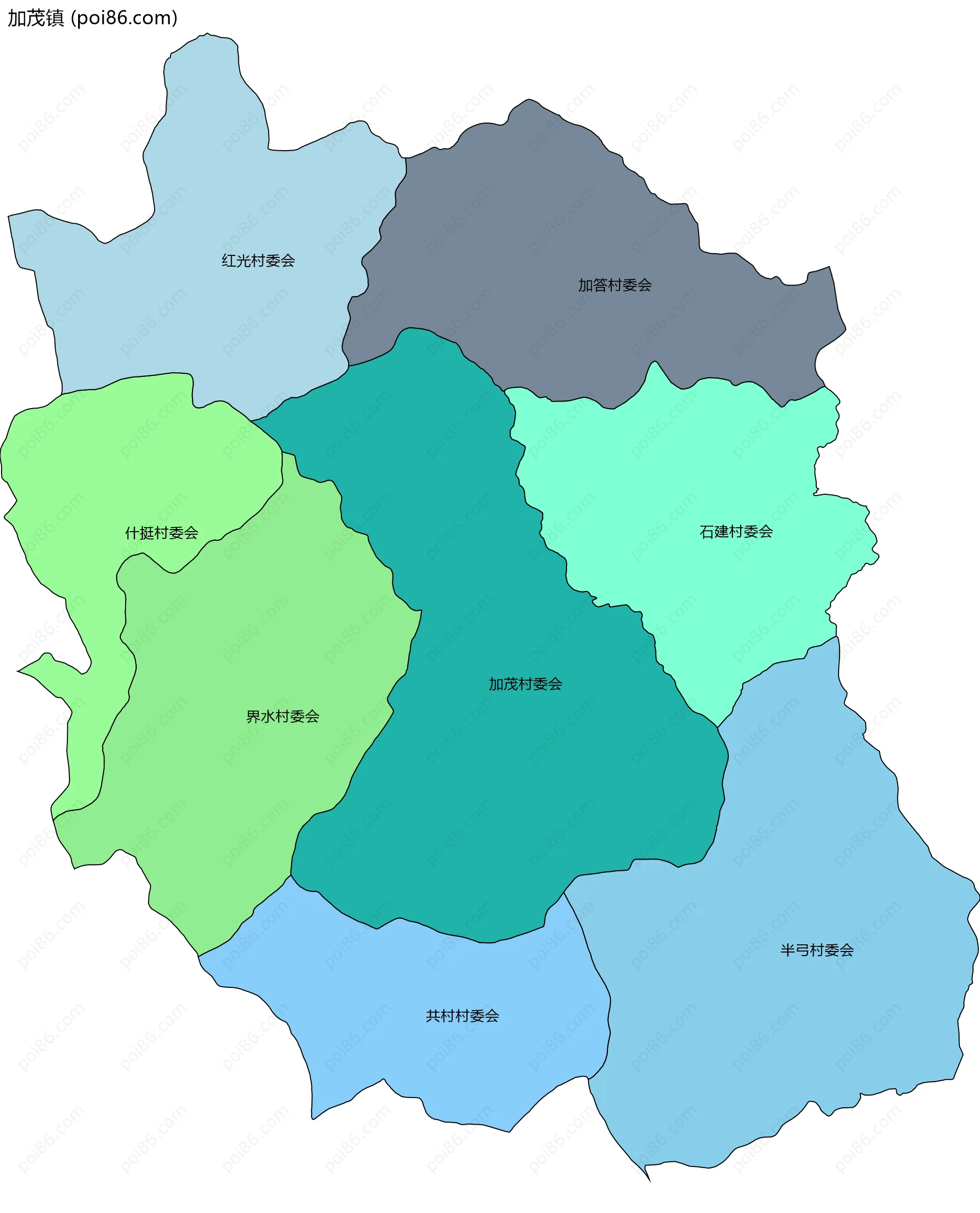 加茂镇边界地图(五级行政区划)